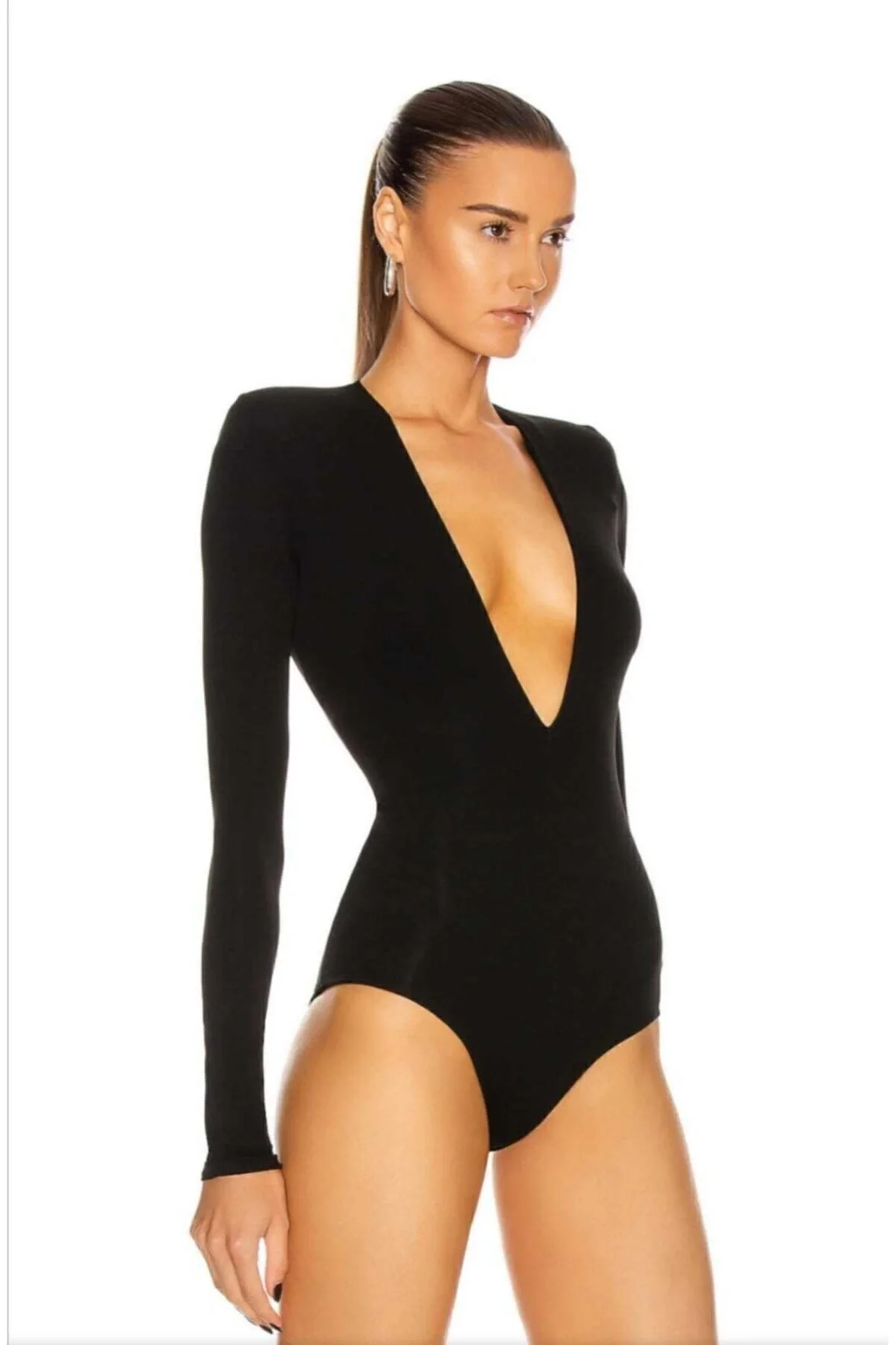 Kadın Siyah Çift Katlı Sandy Vatkalı Derin V Yaka Çıtçıtlı Tanga Bodysuit