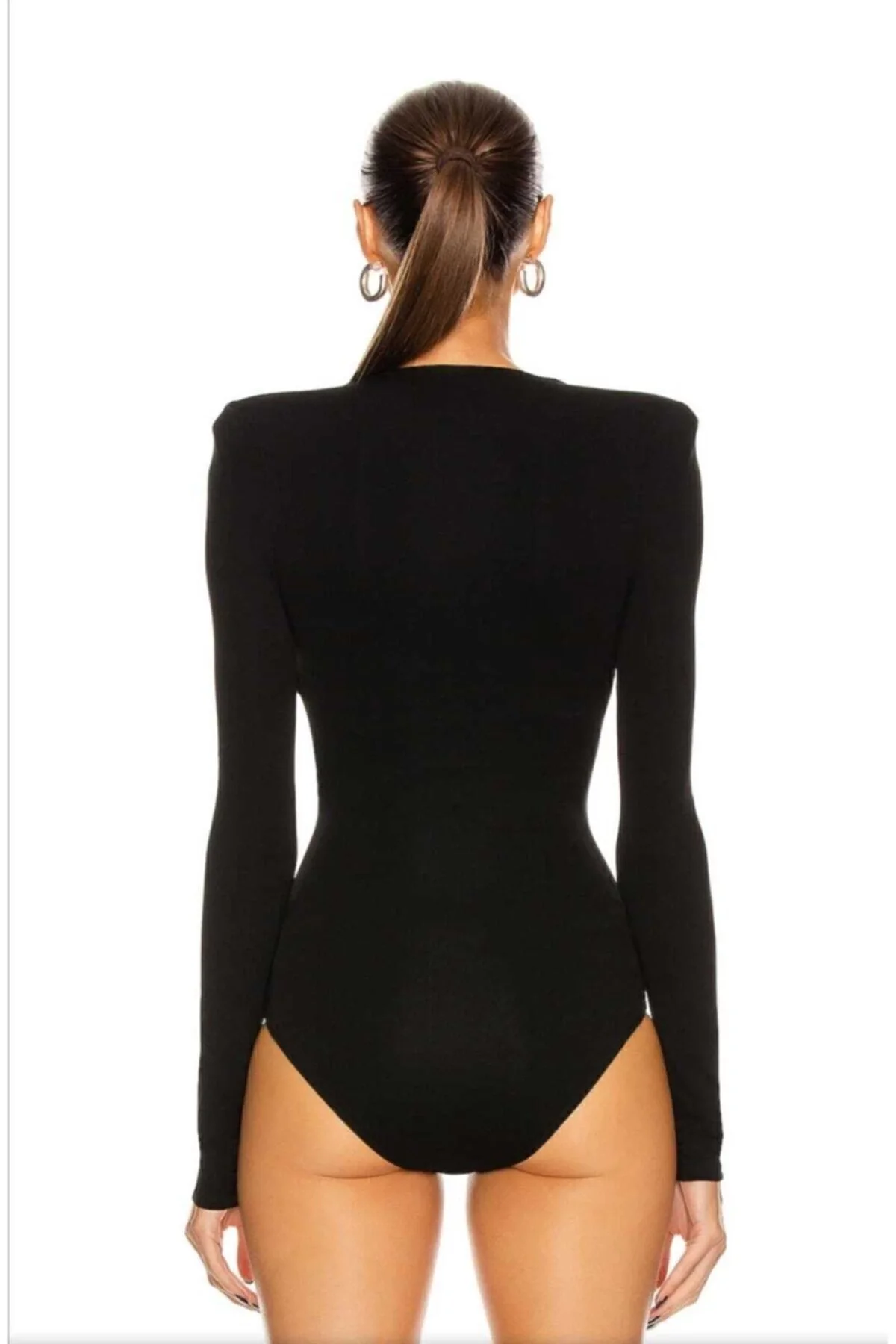 Kadın Siyah Çift Katlı Sandy Vatkalı Derin V Yaka Çıtçıtlı Tanga Bodysuit