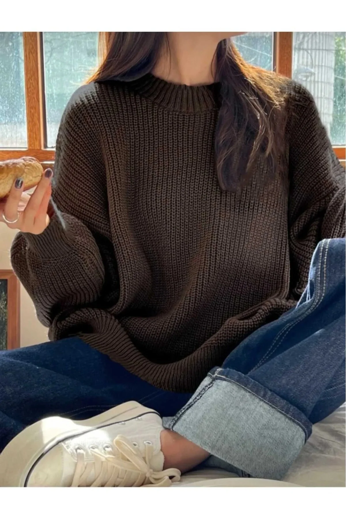 Kadın Kahverengi Selanik Örgü Bisiklet Yaka Oversize Balon Kol Triko Kazak