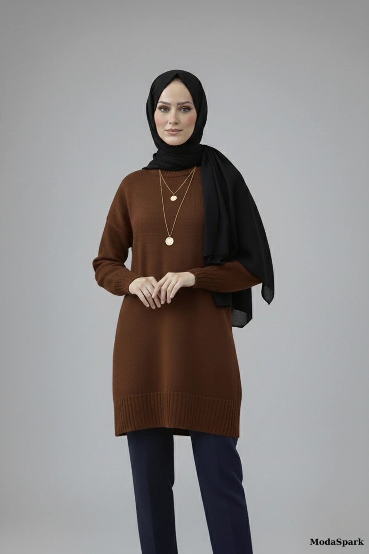 Kadın Kahverengi Bisiklet Yaka Oversize Triko Tunik Kazak