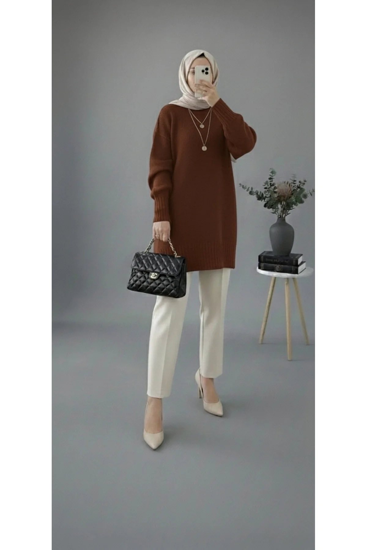 Kadın Kahverengi Bisiklet Yaka Oversize Triko Tunik Kazak