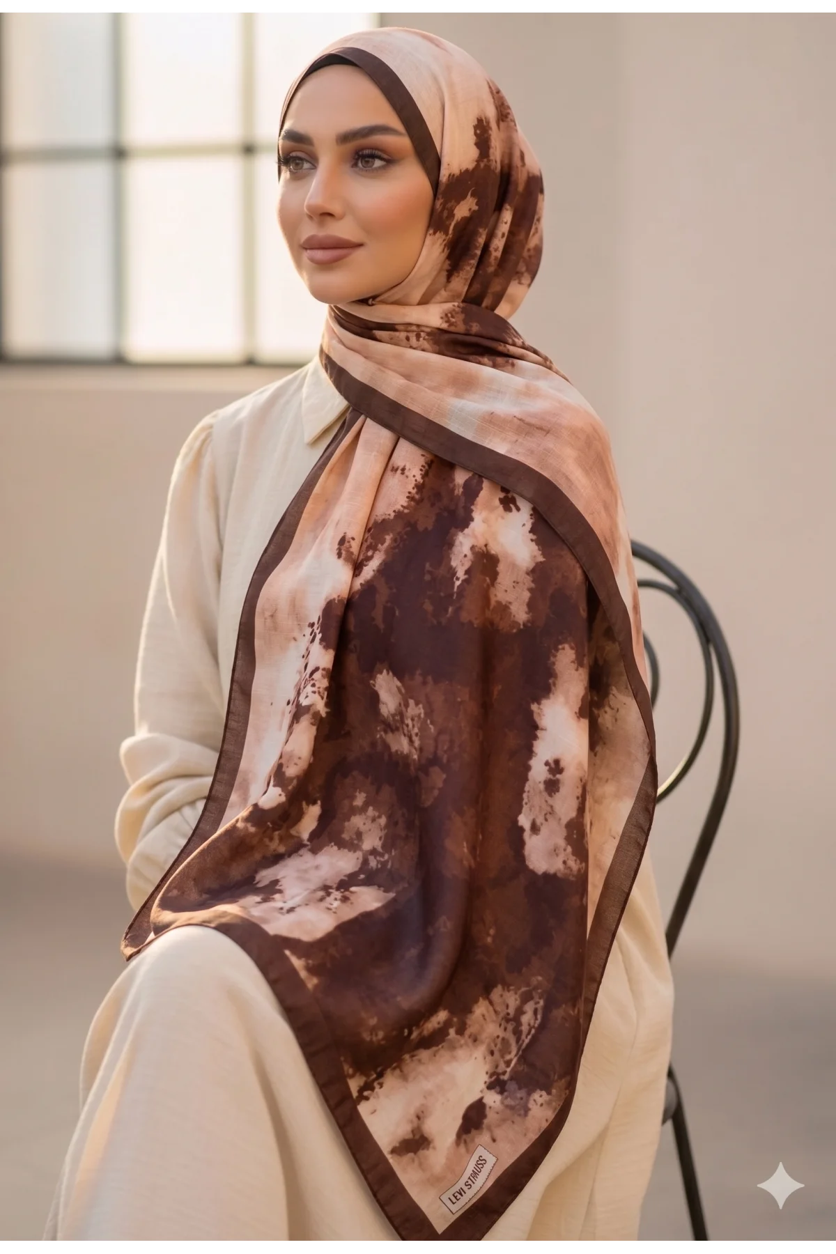 Kahverengi Krem Batik Desenli Pamuk Soft Şal