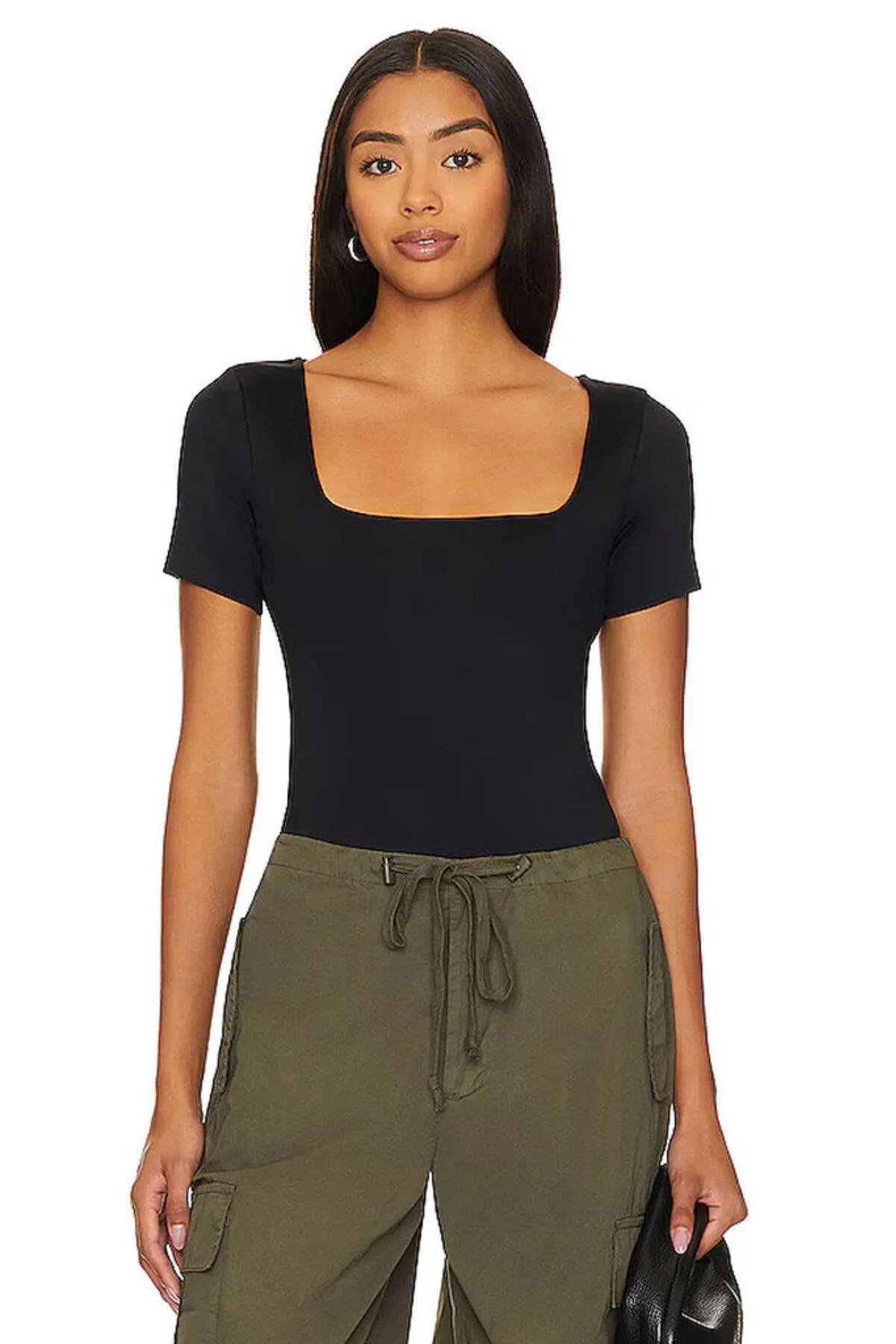 Kadın Siyah Kare Yaka Kısa Kollu İpek Jarse Kumaş Tanga Kesim Bodysuit Zıbın