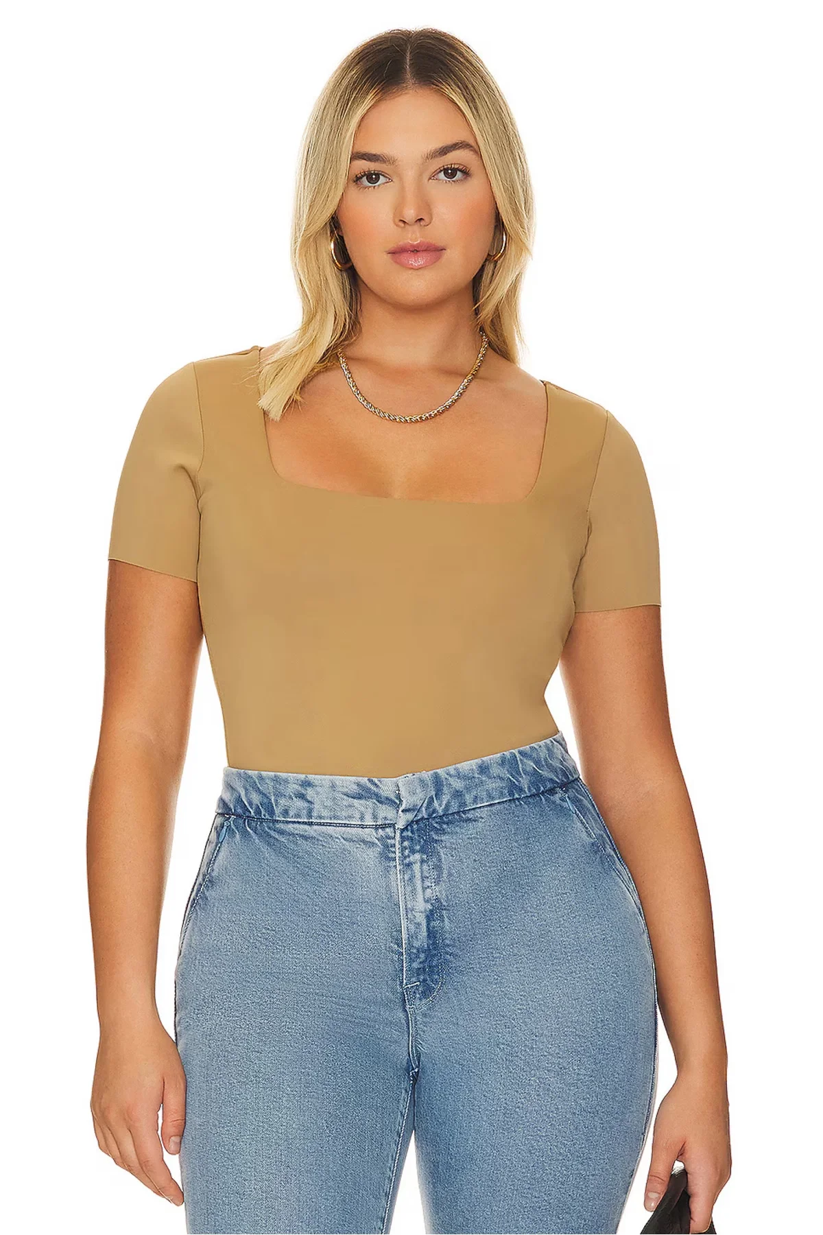 Kadın Bej Kare Yaka Kısa Kollu İpek Jarse Kumaş Tanga Kesim Bodysuit Zıbın