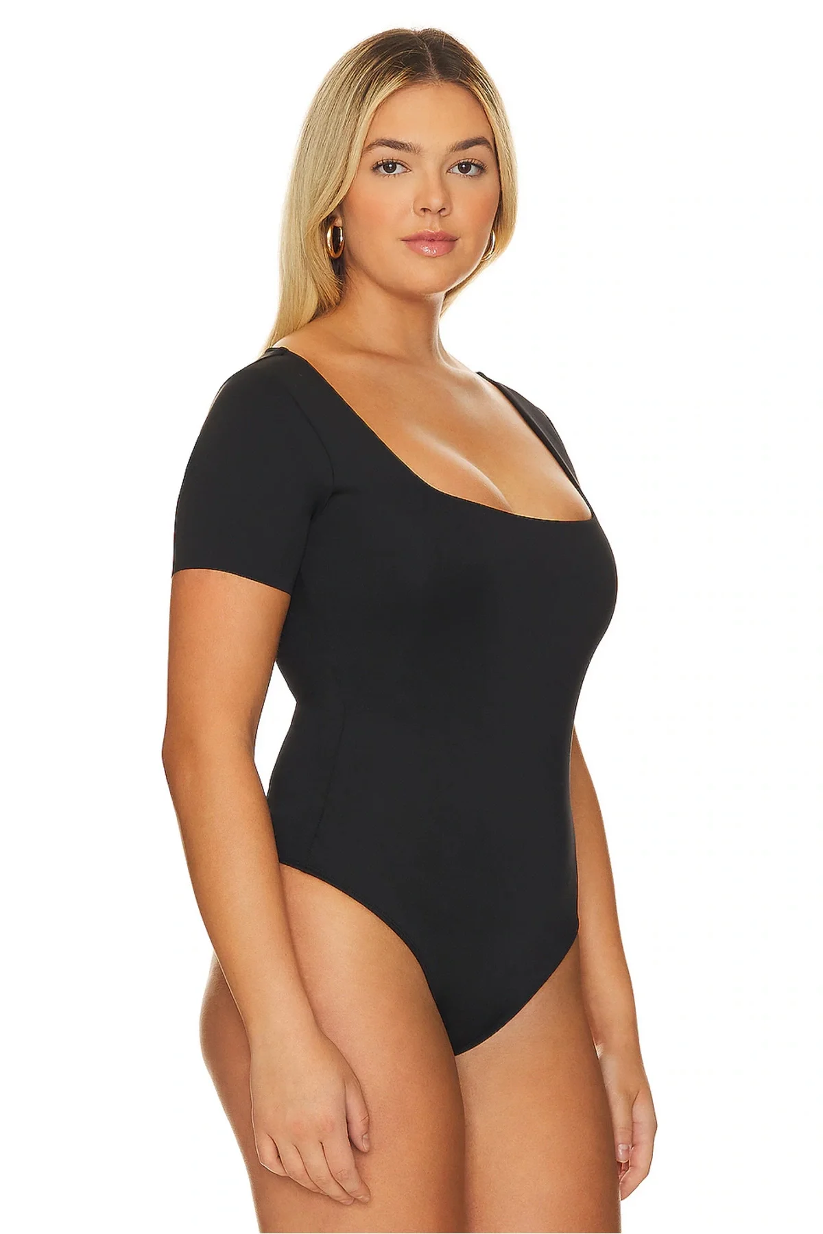 Kadın Siyah Kare Yaka Kısa Kollu İpek Jarse Kumaş Tanga Kesim Bodysuit Zıbın