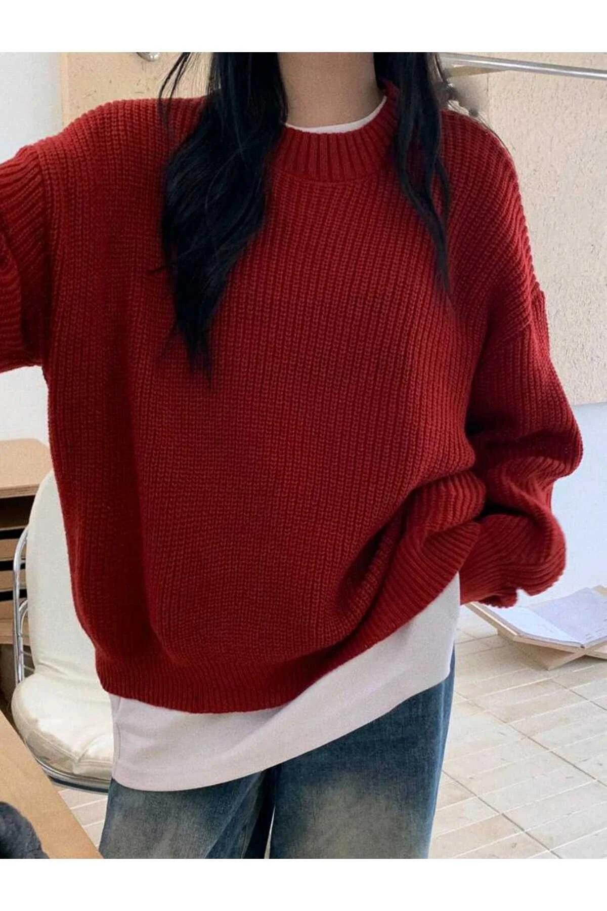 Kadın Kırmızı Selanik Örgü Bisiklet Yaka Oversize Balon Kol Triko Kazak