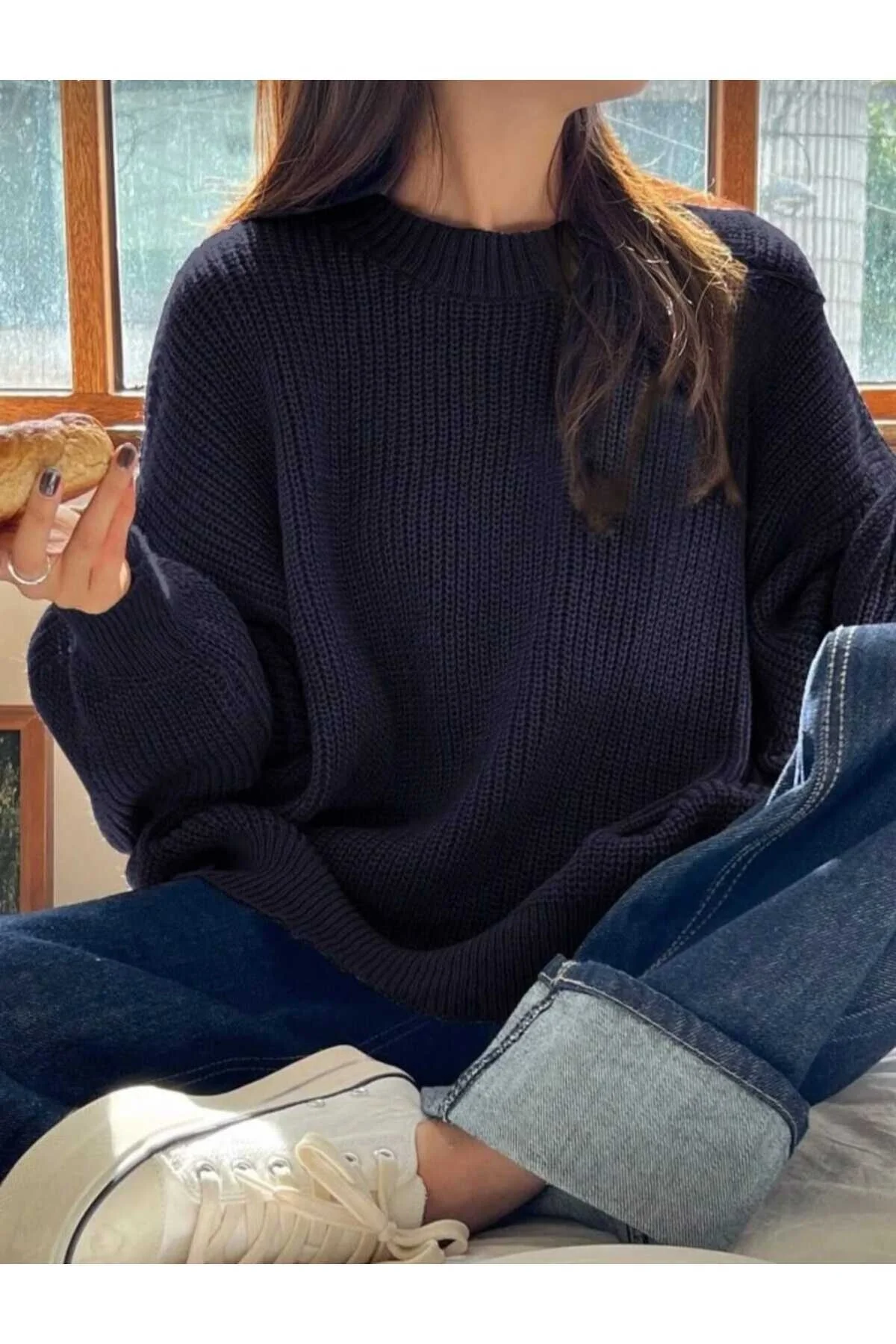 Kadın Lacivert Selanik Örgü Bisiklet Yaka Oversize Balon Kol Triko Kazak