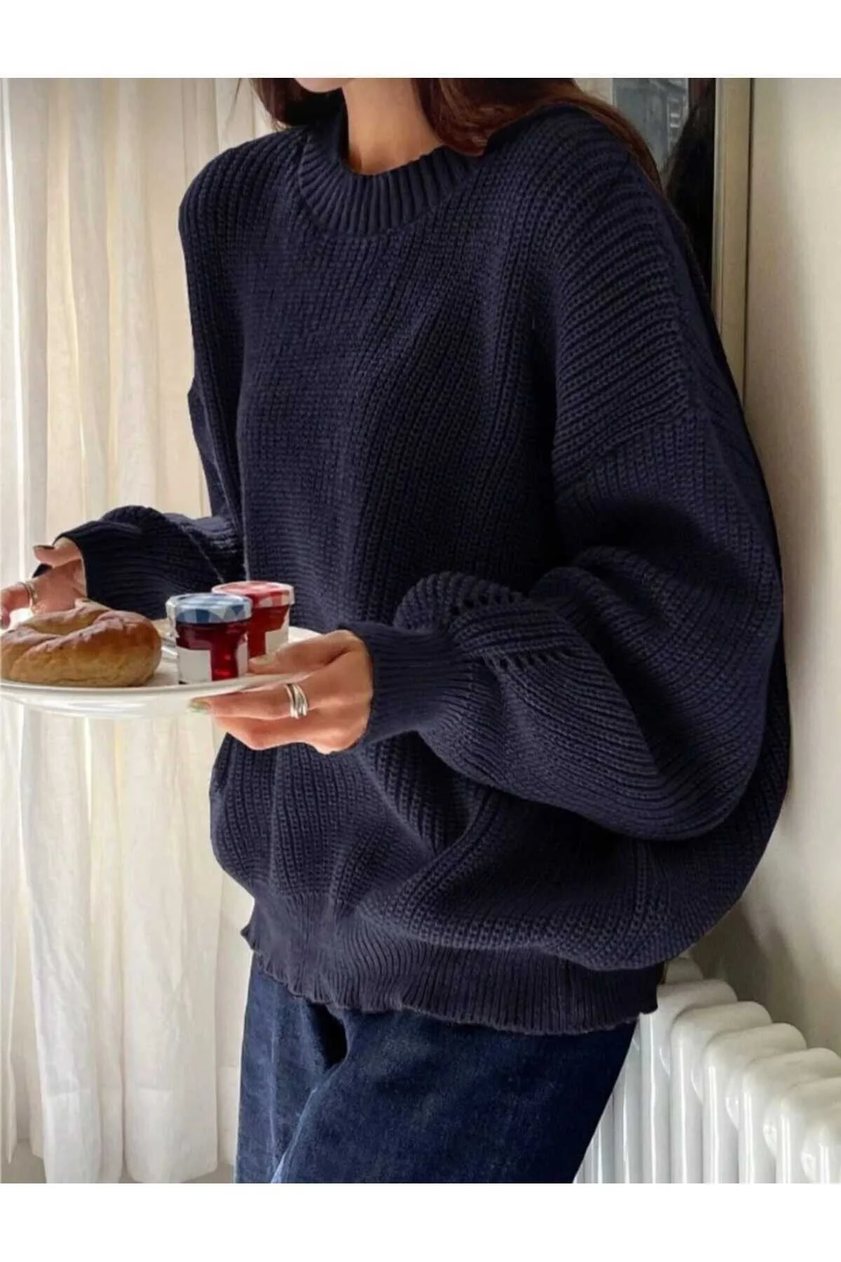 Kadın Lacivert Selanik Örgü Bisiklet Yaka Oversize Balon Kol Triko Kazak