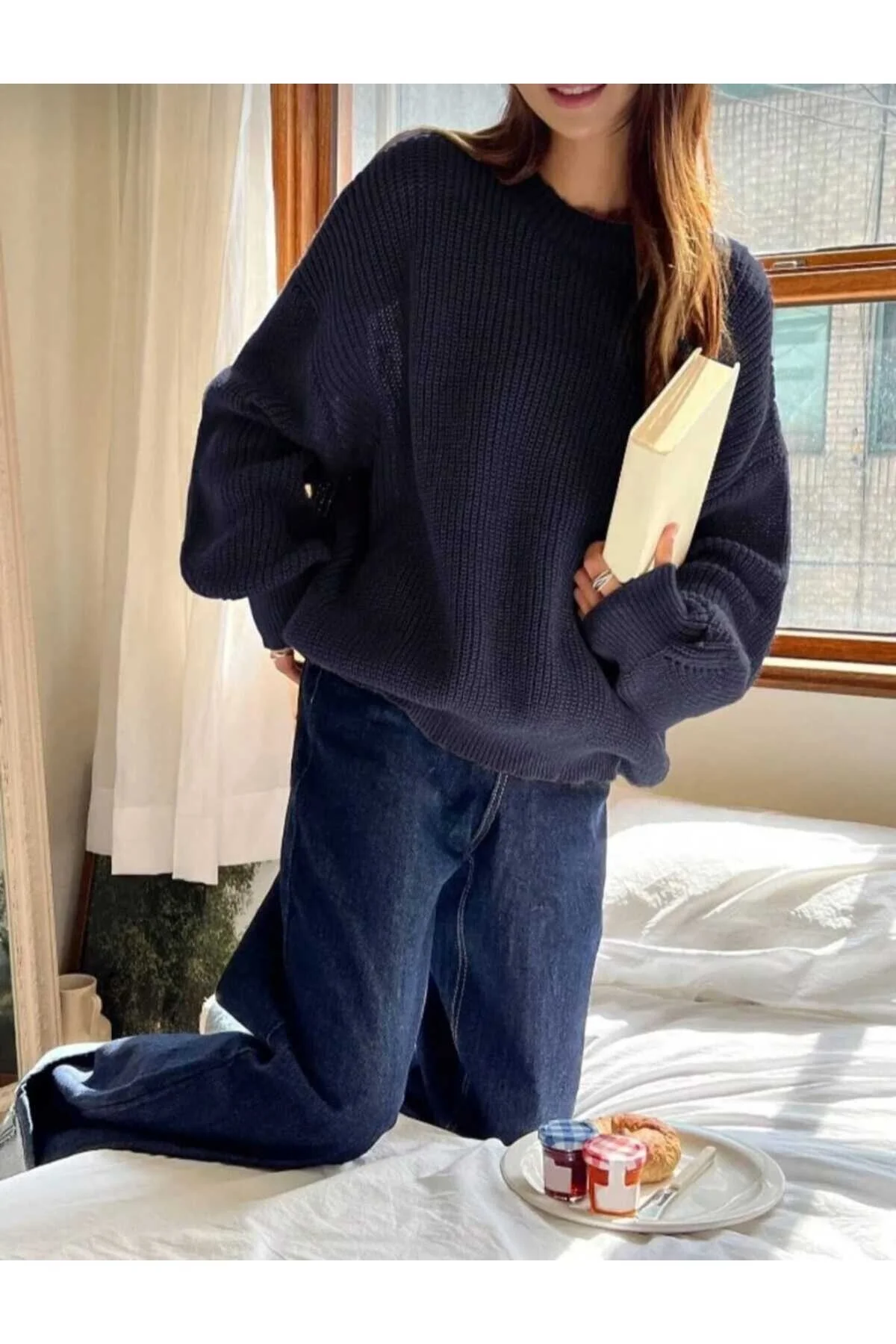 Kadın Lacivert Selanik Örgü Bisiklet Yaka Oversize Balon Kol Triko Kazak