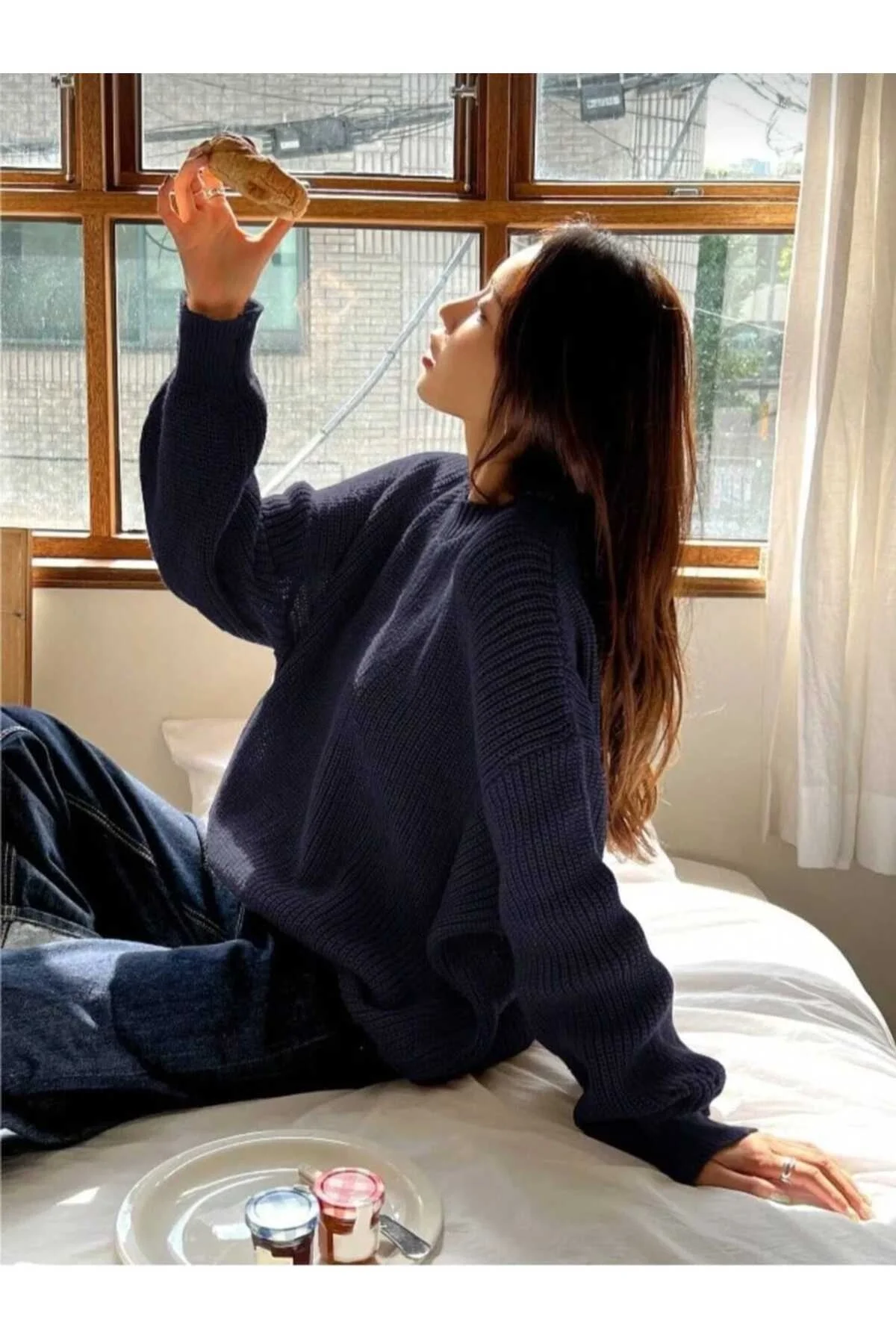 Kadın Lacivert Selanik Örgü Bisiklet Yaka Oversize Balon Kol Triko Kazak