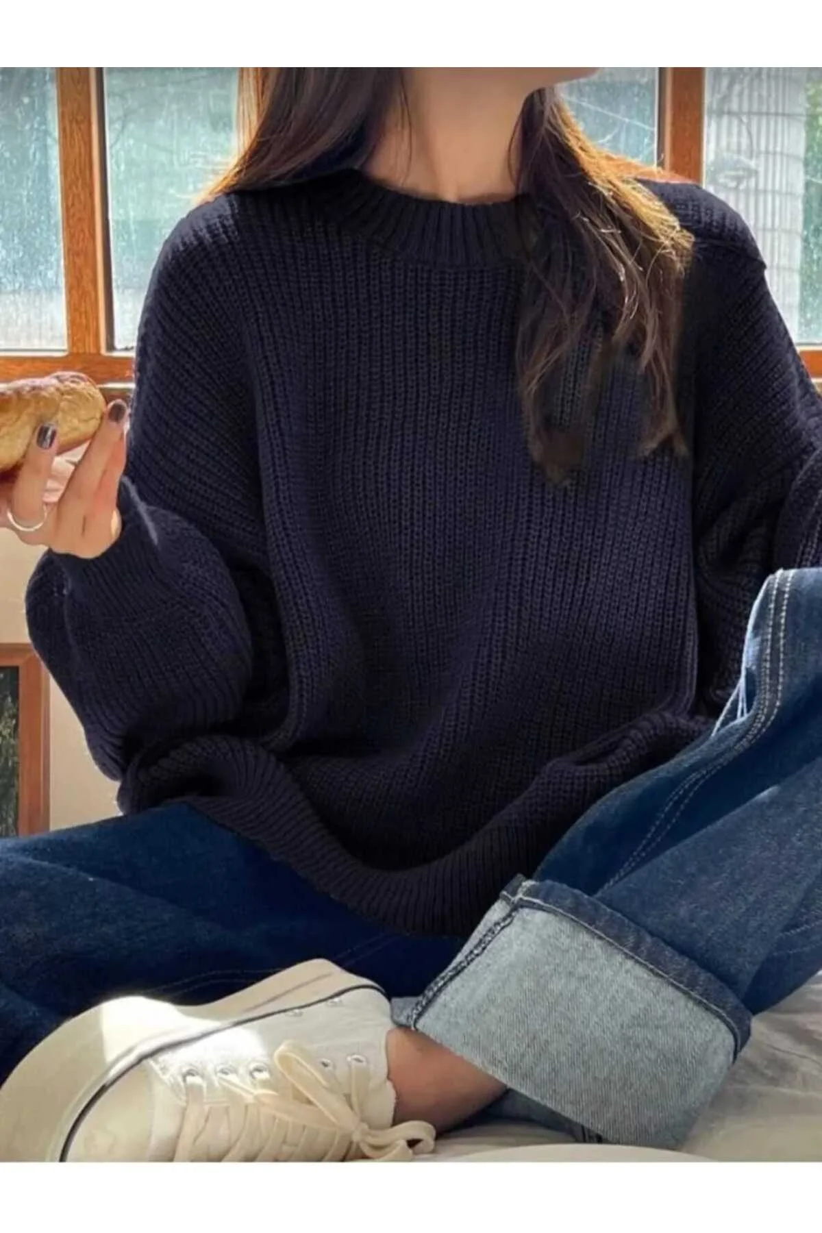 Kadın Lacivert Selanik Örgü Bisiklet Yaka Oversize Balon Kol Triko Kazak