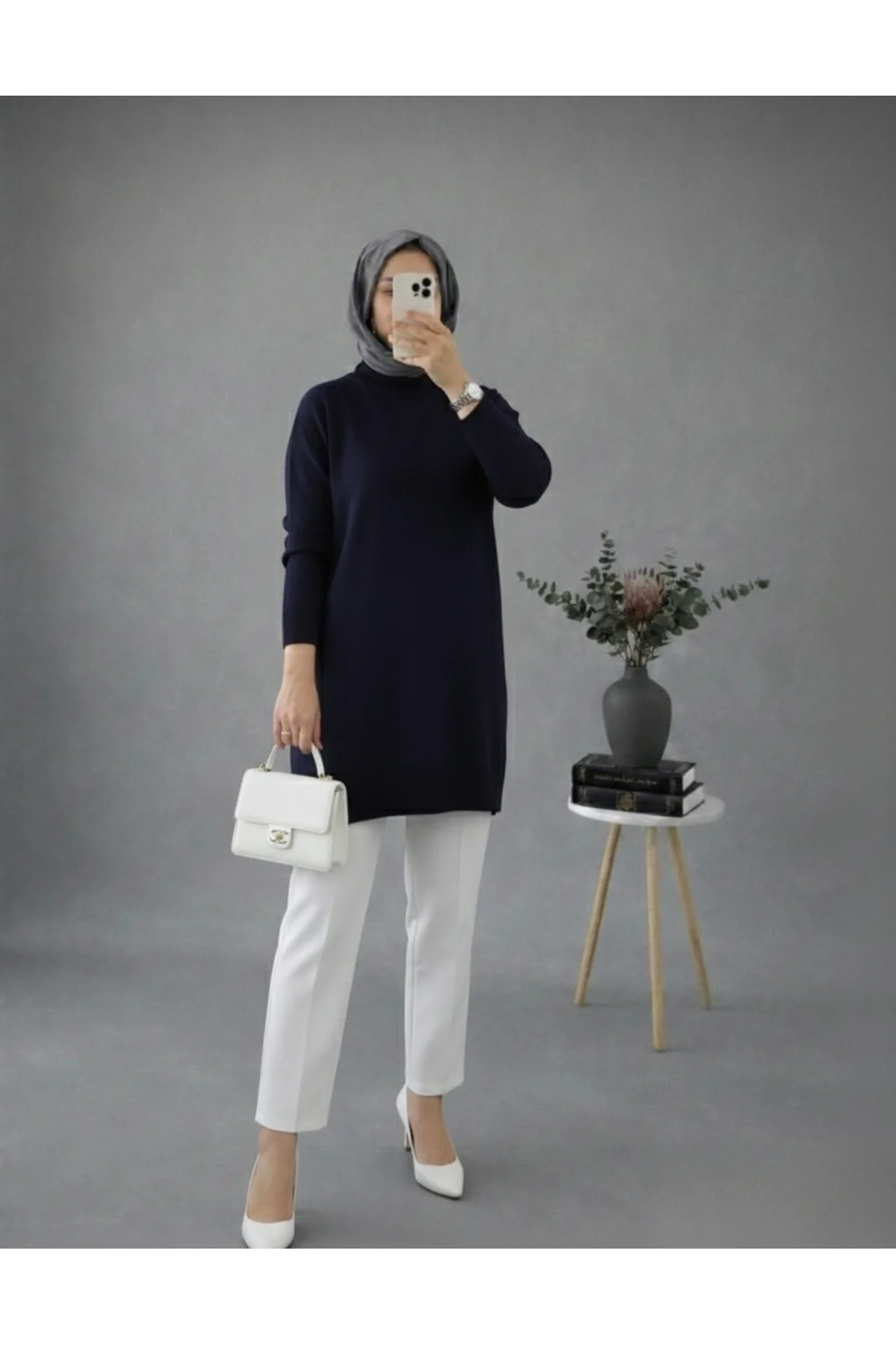 Kadın Lacivert Bisiklet Yaka Oversize Triko Tunik Kazak