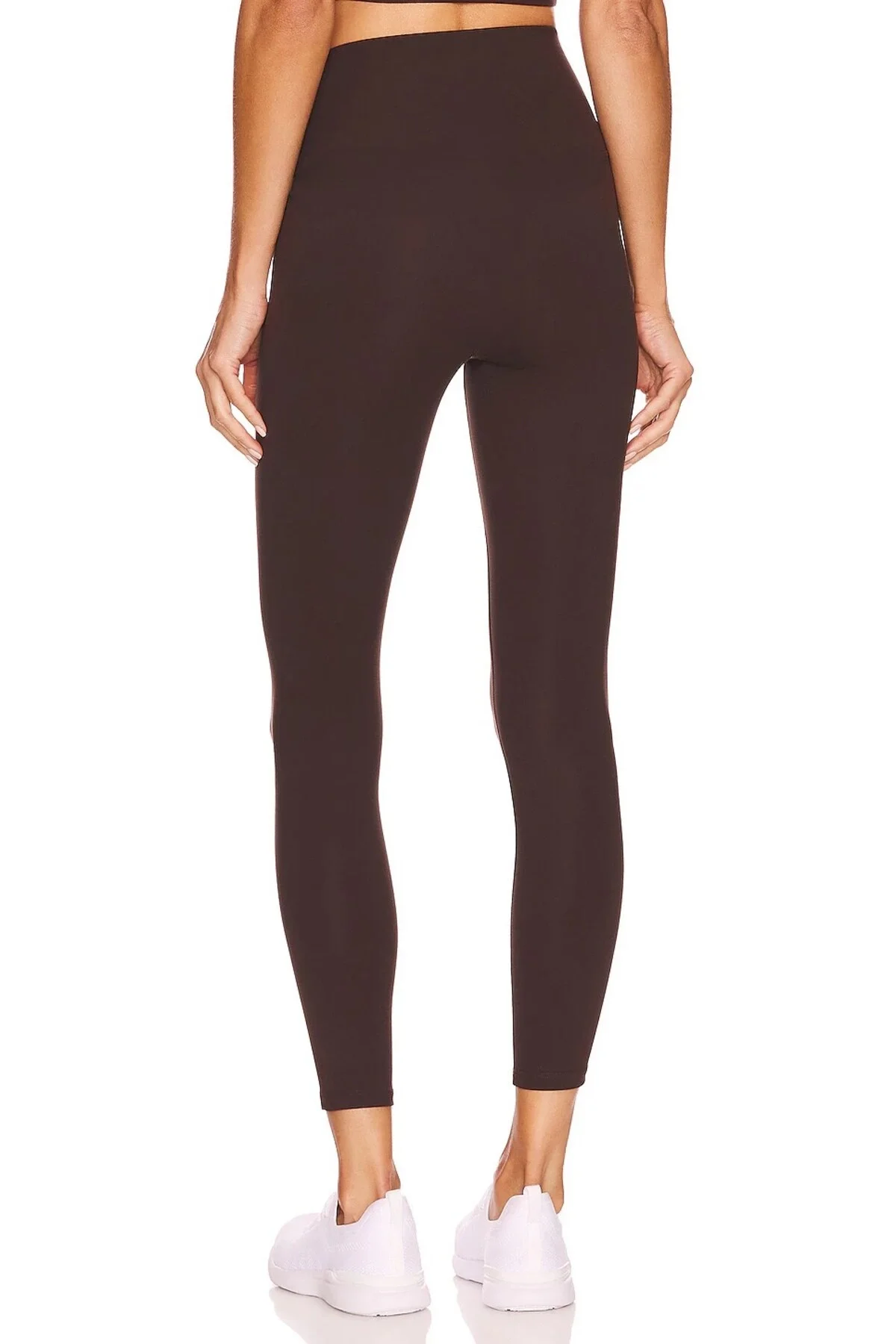 Kadın Kahverengi Yüksek Bel Toparlayıcı Likralı İpek Jarse Kumaş Spor ve Günlük Tayt