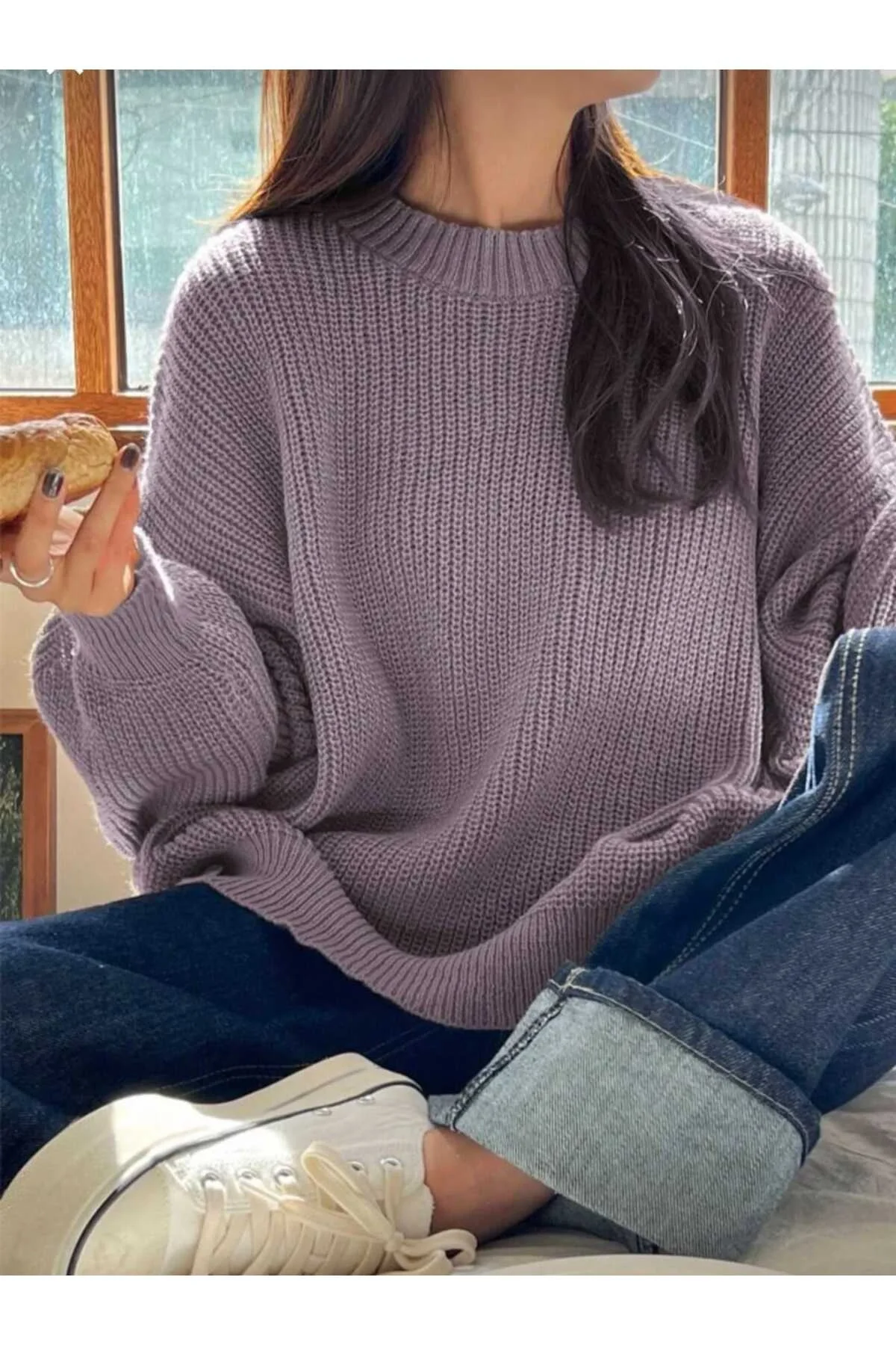 Kadın Lila Selanik Örgü Bisiklet Yaka Oversize Balon Kol Triko Kazak