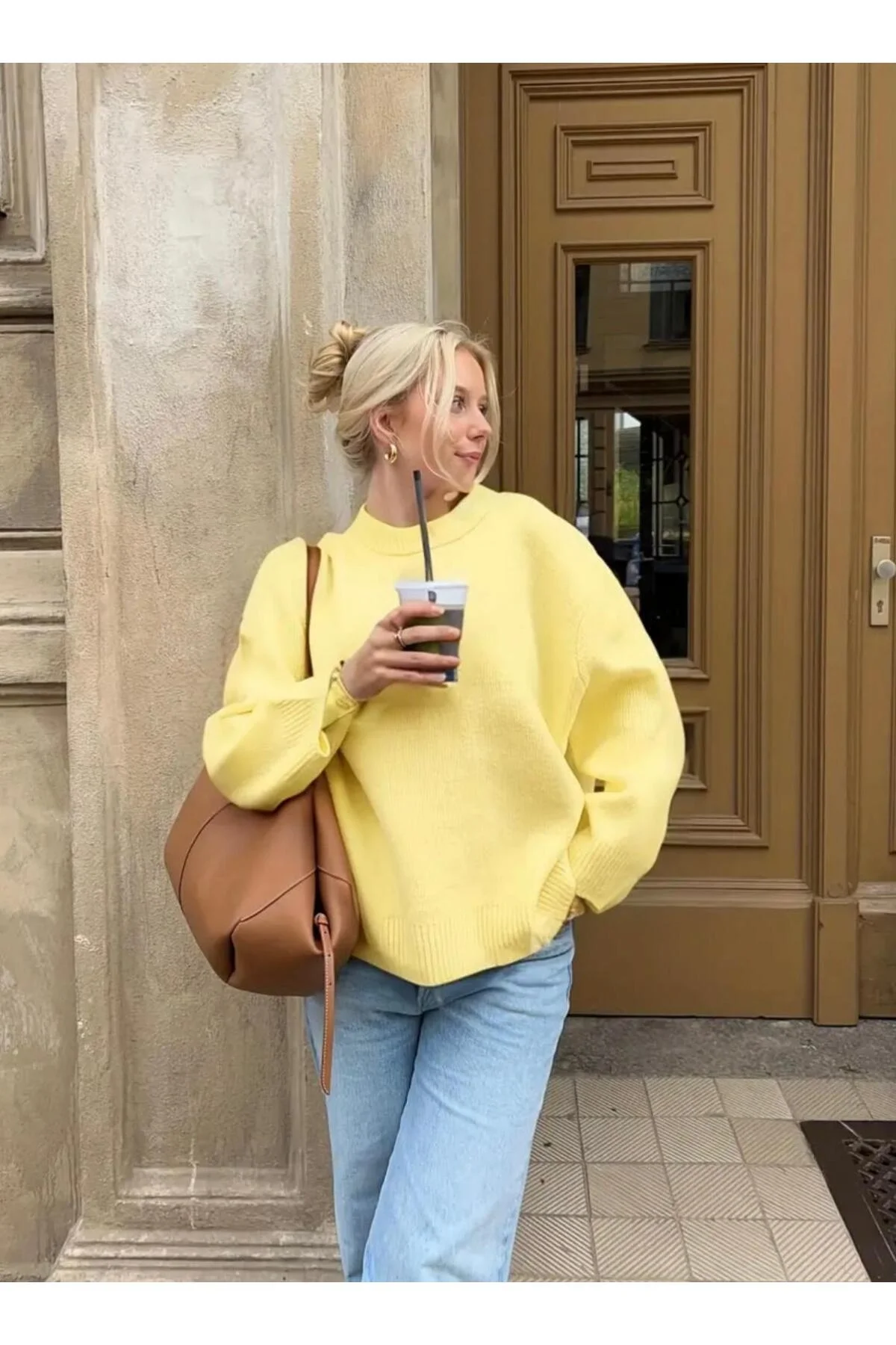 Kadın Sarı Bisiklet Yaka Balon Kol Oversize Triko Kazak