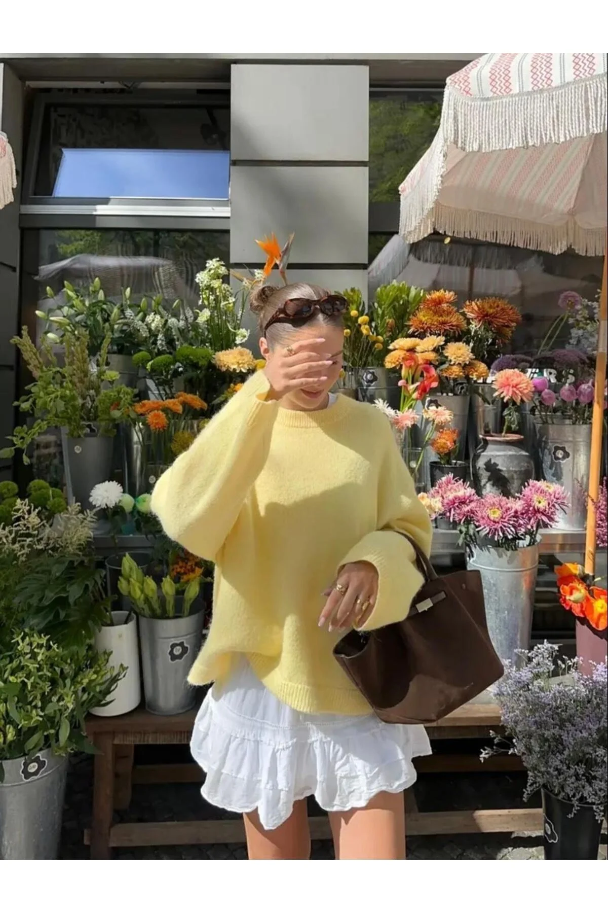 Kadın Sarı Bisiklet Yaka Balon Kol Oversize Triko Kazak