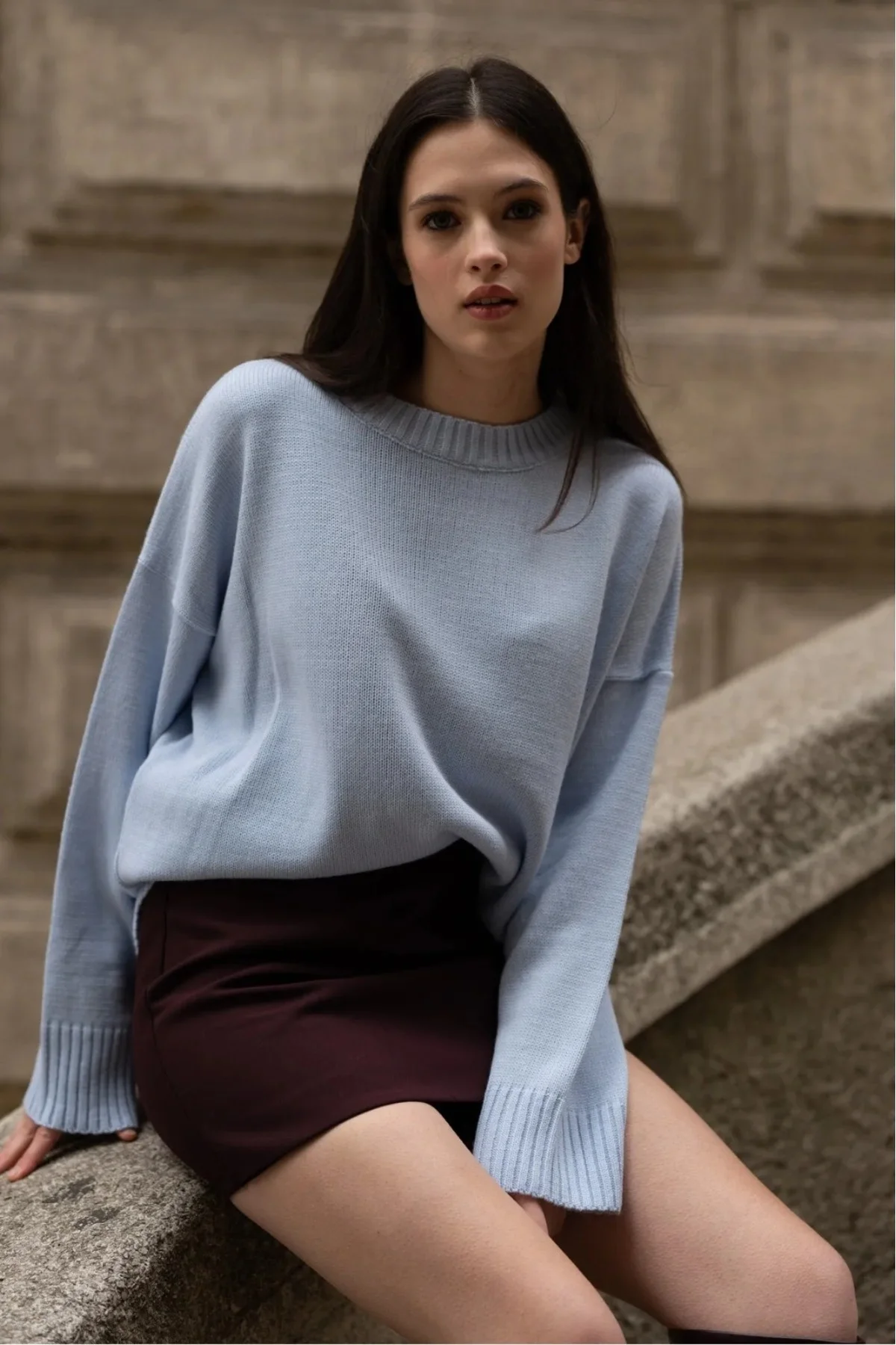 Kadın Mavi Bisiklet Yaka Balon Kol Oversize Triko Kazak