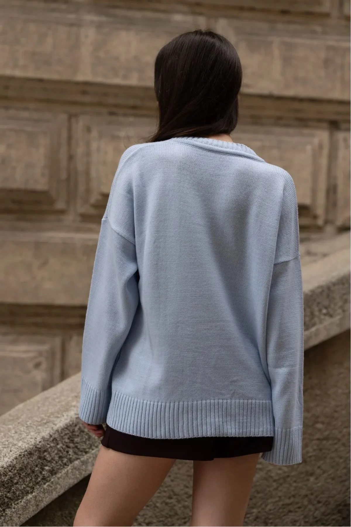 Kadın Mavi Bisiklet Yaka Balon Kol Oversize Triko Kazak