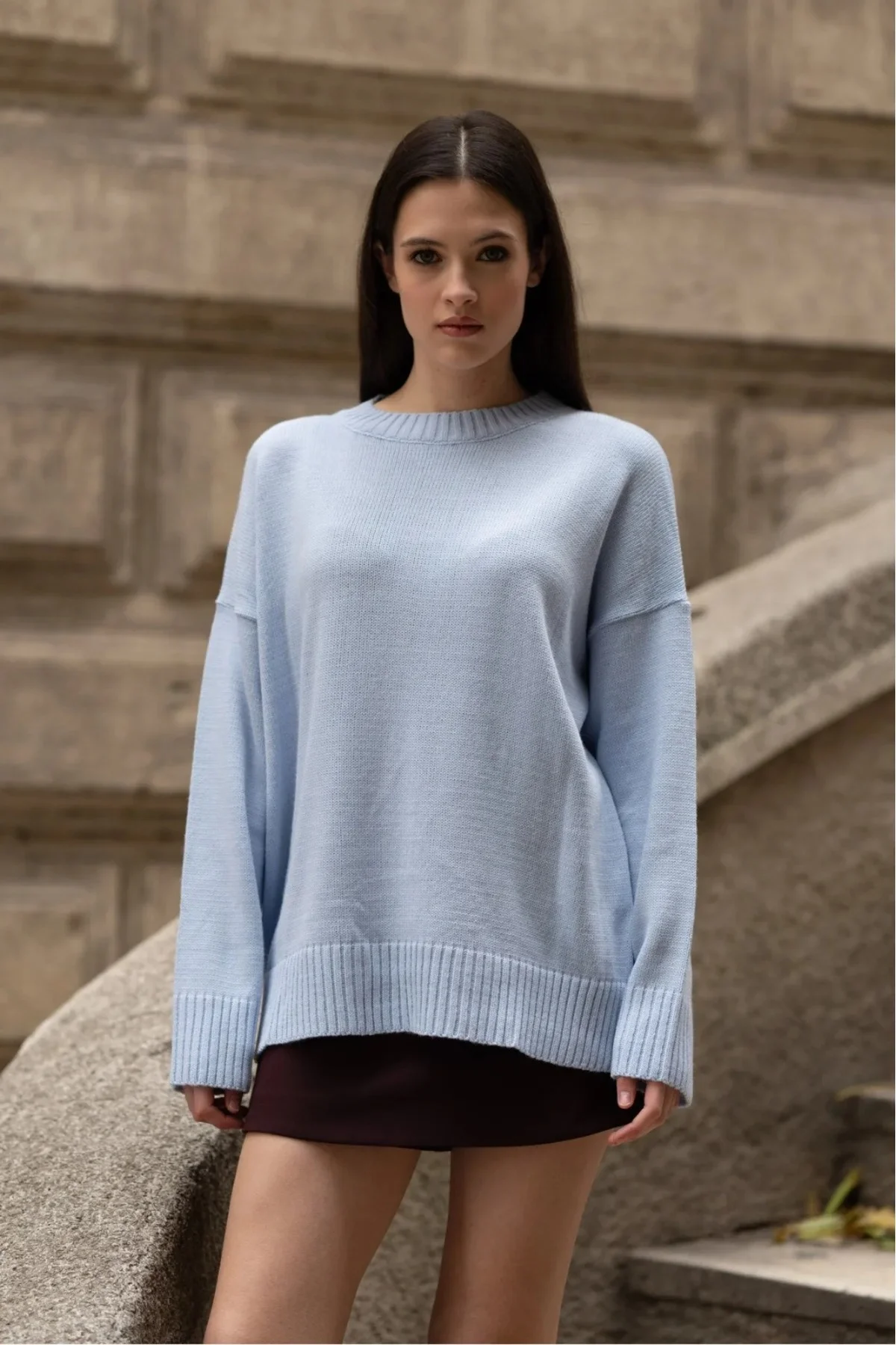 Kadın Mavi Bisiklet Yaka Balon Kol Oversize Triko Kazak