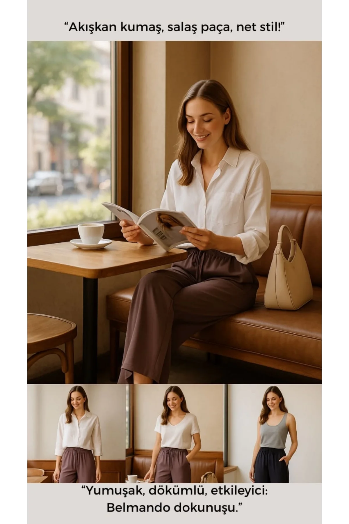 Kadın Kahverengi Bol Paça Belmando Kumaş Beli Lastikli Pantolon - Yumuşak Doku Oversize Model