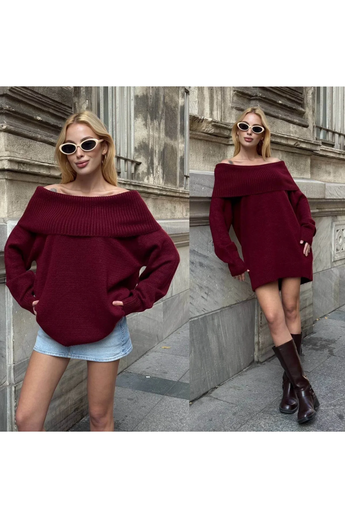 Kadın Bordo Madonna Yaka Düşük Omuz Oversize Salaş Kalın Triko Kazak Elbise