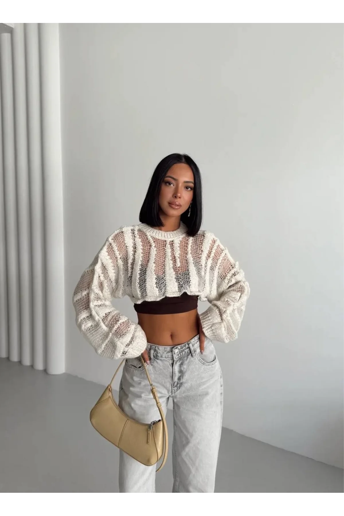 Kadın Ekru Ajurlu Delikli Örgü Balon Kol Uzun Kollu Süper Crop Triko Kazak Bolero Bluz