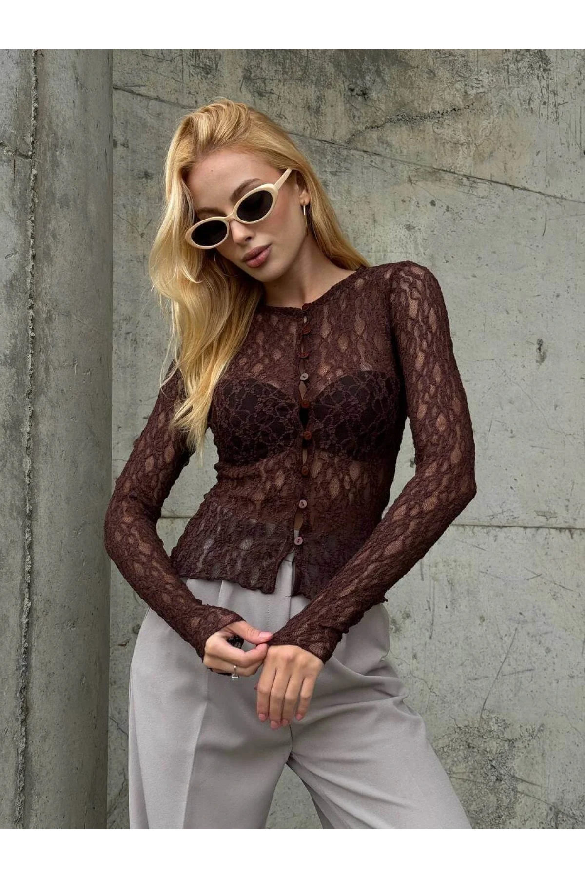 Kadın Kahverengi Bisiklet Yaka File Desenli Dantel Transparan Hırka
