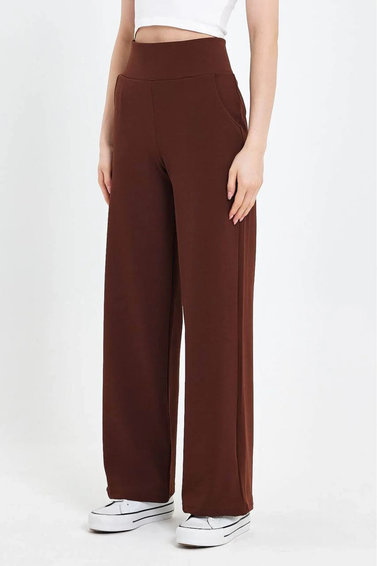 Kadın Kahverengi Korsaj  Yüksek Bel Cepli Palazzo Geniş Paça Krep Kumaş Pantolon
