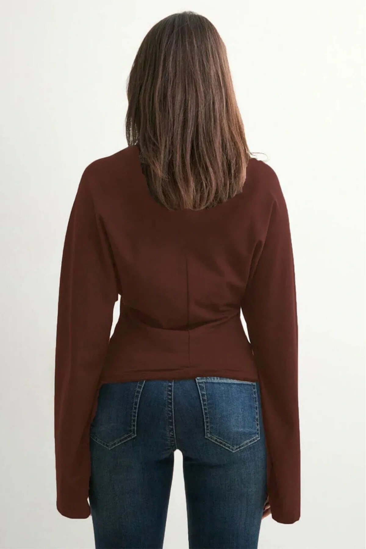 Kadın Kahverengi Yüksek Yaka Dramatik Geniş Kollu Vücudu Saran Dalgıç Kumaş Crop Bluz