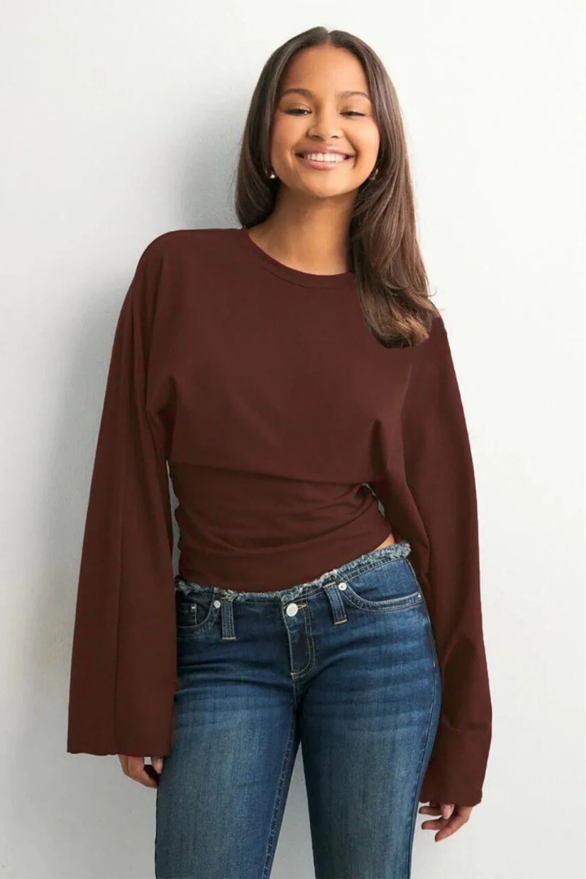 Kadın Kahverengi Yüksek Yaka Dramatik Geniş Kollu Vücudu Saran Dalgıç Kumaş Crop Bluz