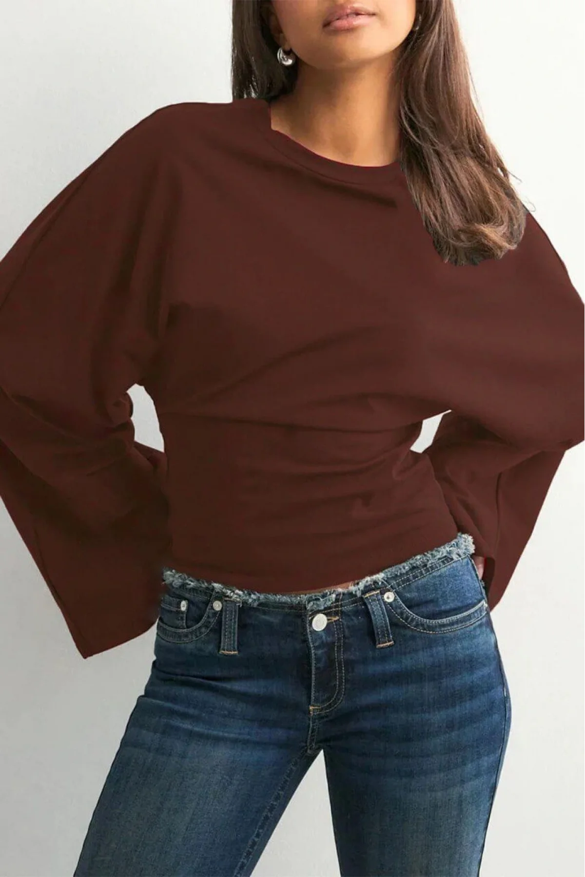 Kadın Kahverengi Yüksek Yaka Dramatik Geniş Kollu Vücudu Saran Dalgıç Kumaş Crop Bluz