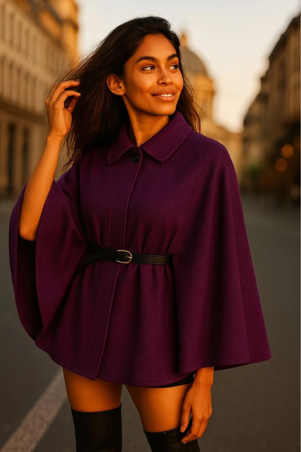 Kadın Mürdüm Gömlek Yaka Kemerli Oversize Düğmeli Kaşe Kumaş Pelerin Panço Ceket Kaban