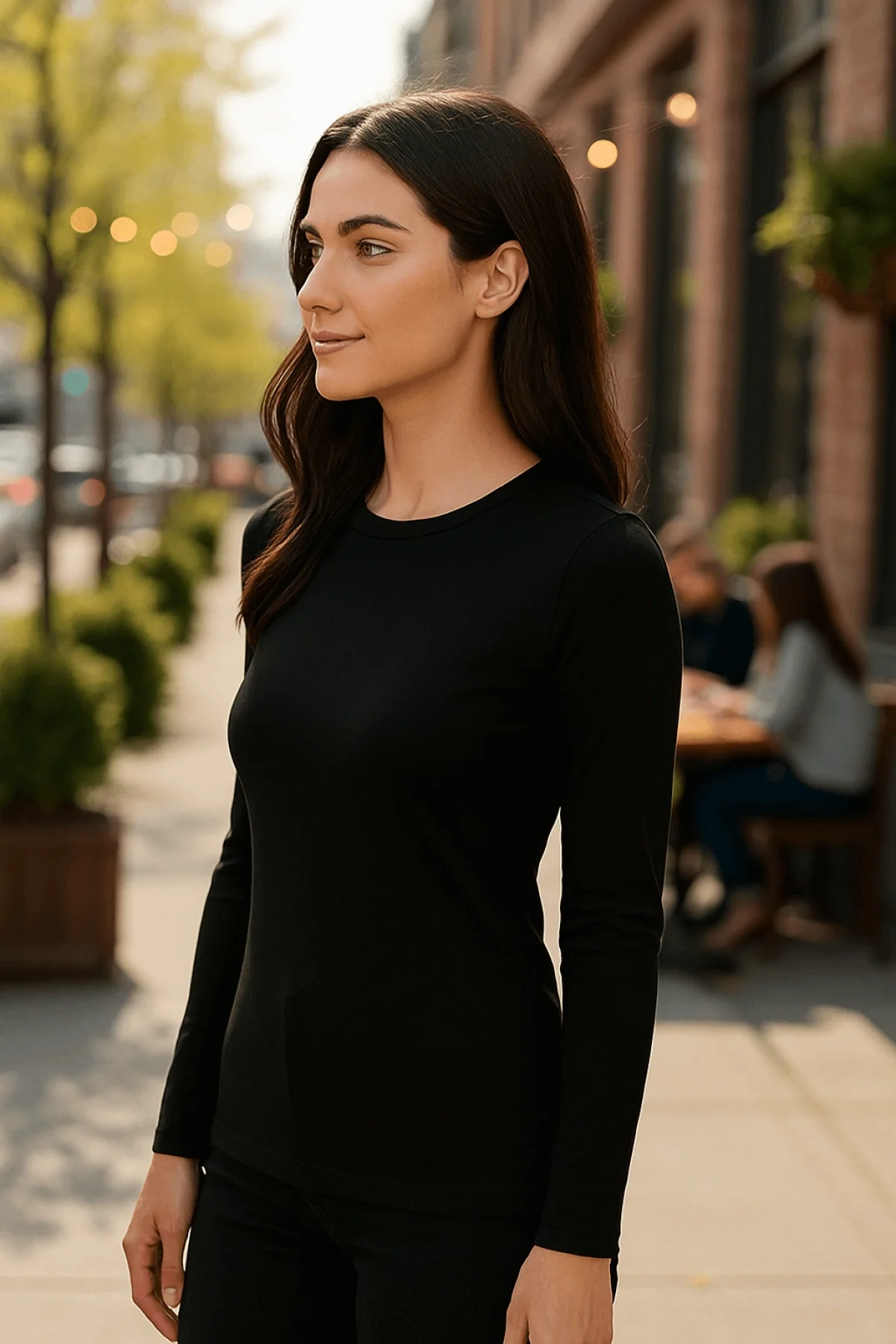 Kadın Siyah Bisiklet Yaka Uzun Kollu Likralı Pamuklu Vücudu Saran Basic Badic Bluz