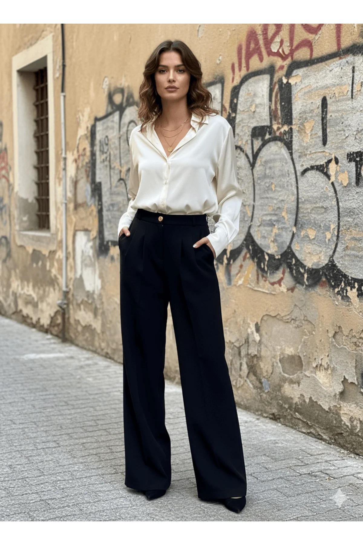 Kadın Siyah Yüksek Bel Pensli Palazzo Geniş Paça Kumaş Pantolon