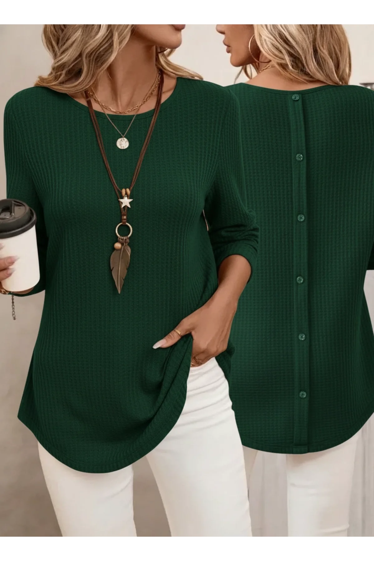 Kadın Yeşil Uzun Kollu Sırtı Düğmeli Bisiklet Yaka Waffle Kumaş Bluz Tunik
