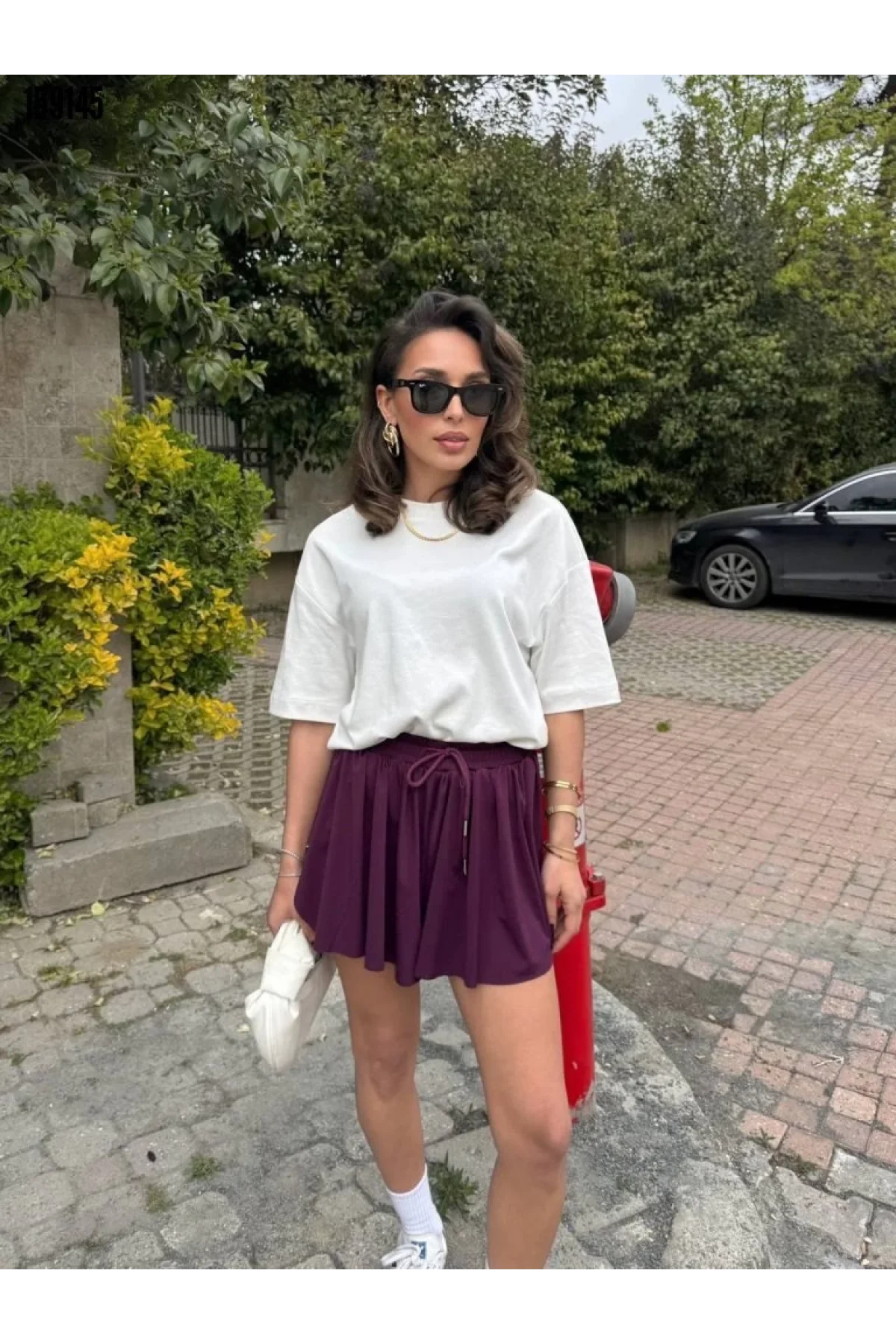 Kadın Yüksek Bel Beli Lastikli ve Bağcıklı Pileli Rahat Kesim Şort Etek - Bordo