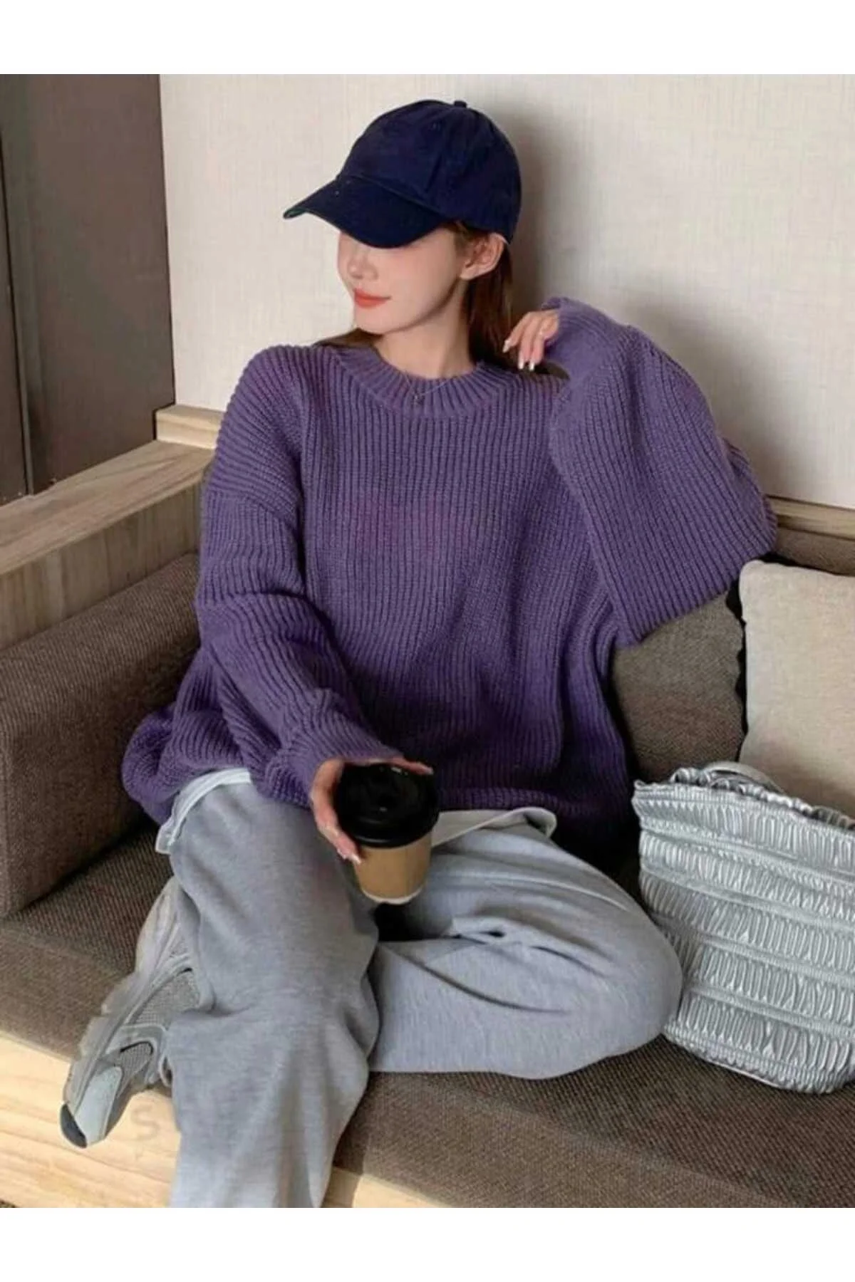 Kadın Mor Selanik Örgü Bisiklet Yaka Oversize Salaş Triko Kazak