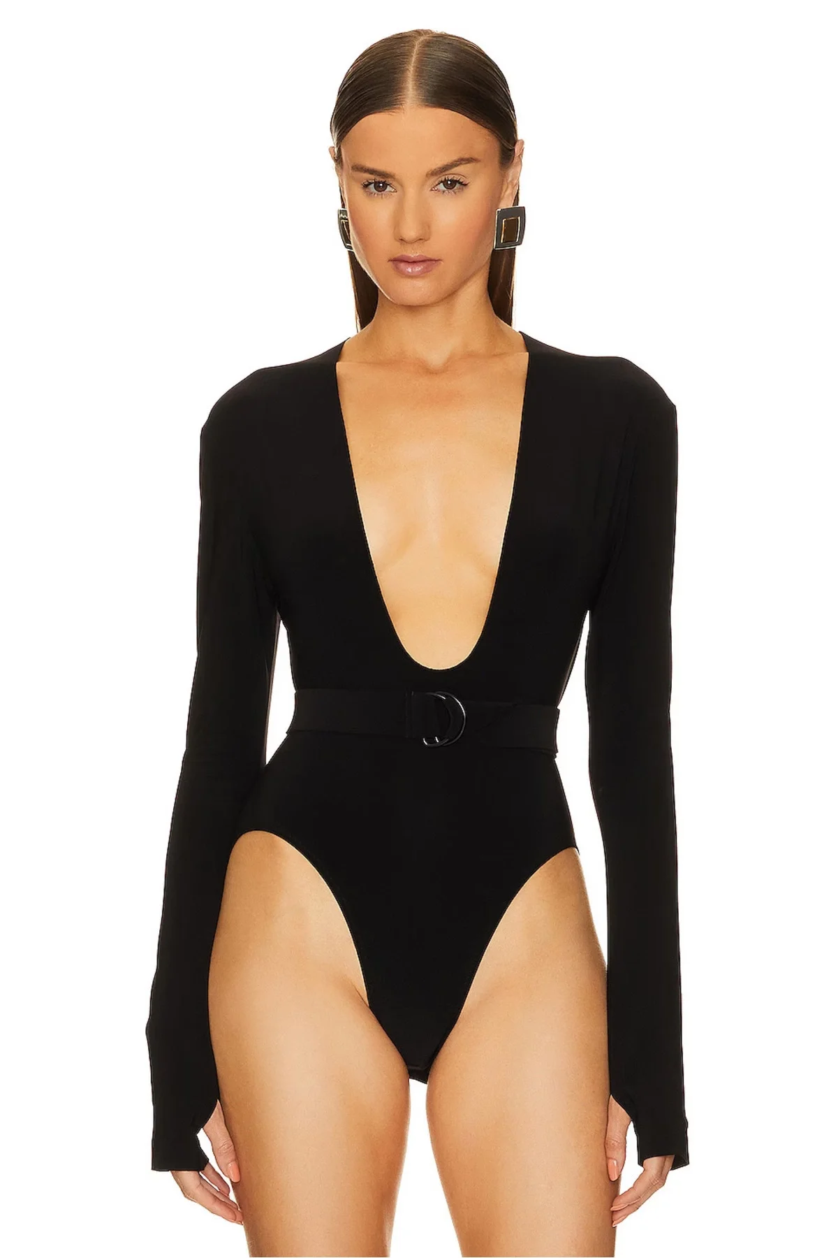 Kadın Siyah Derin V Yaka Parmak Geçirmeli Çift Katlı Sandy Kumaş Bodysuit