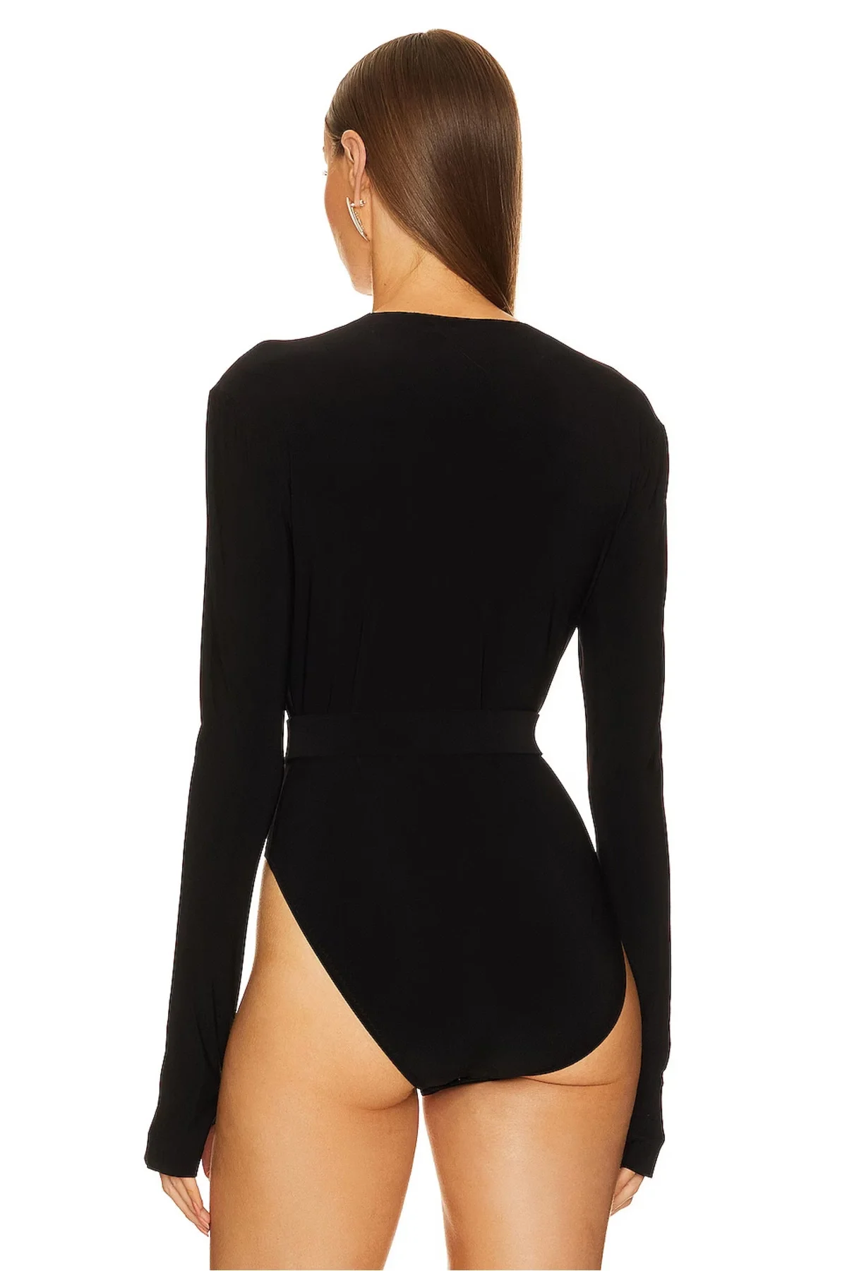 Kadın Siyah Derin V Yaka Parmak Geçirmeli Çift Katlı Sandy Kumaş Bodysuit