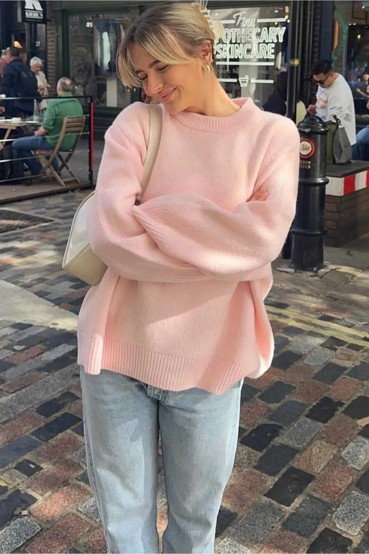 Kadın Pembe Bisiklet Yaka Balon Kol Oversize Triko Kazak