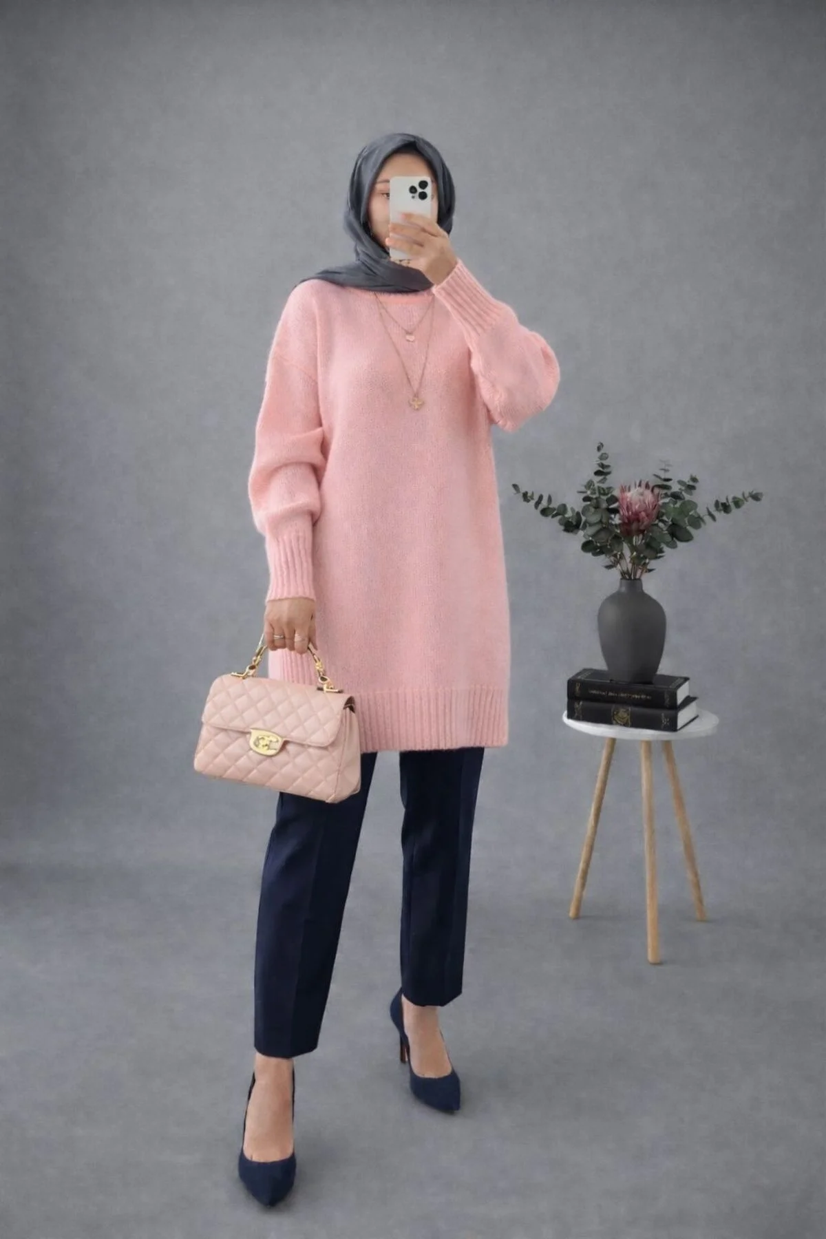 Kadın Pembe Bisiklet Yaka Oversize Triko Tunik Kazak