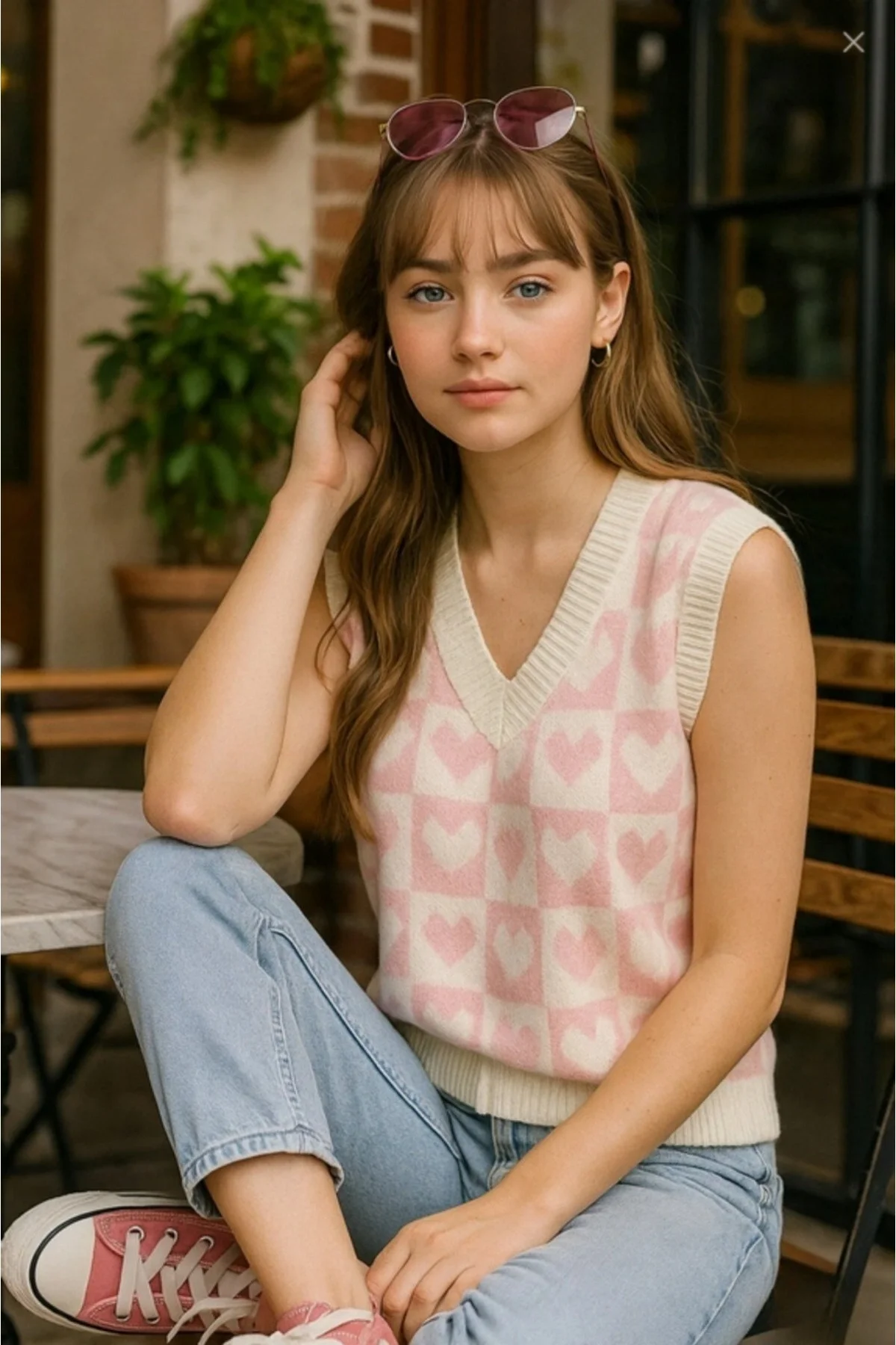 Kadın Pembe Beyaz Dama ve Kalp Desenli V Yaka Triko Süveter