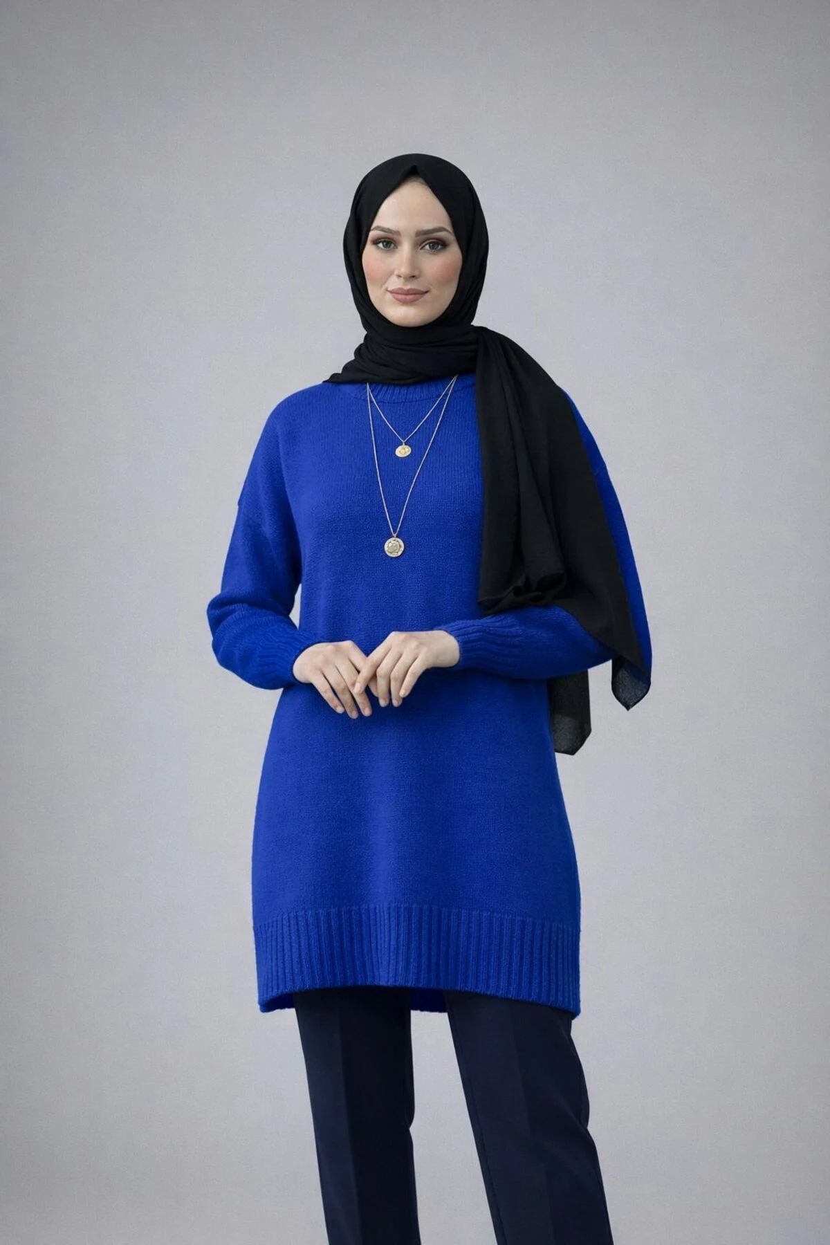 Kadın Mavi Bisiklet Yaka Oversize Triko Tunik Kazak