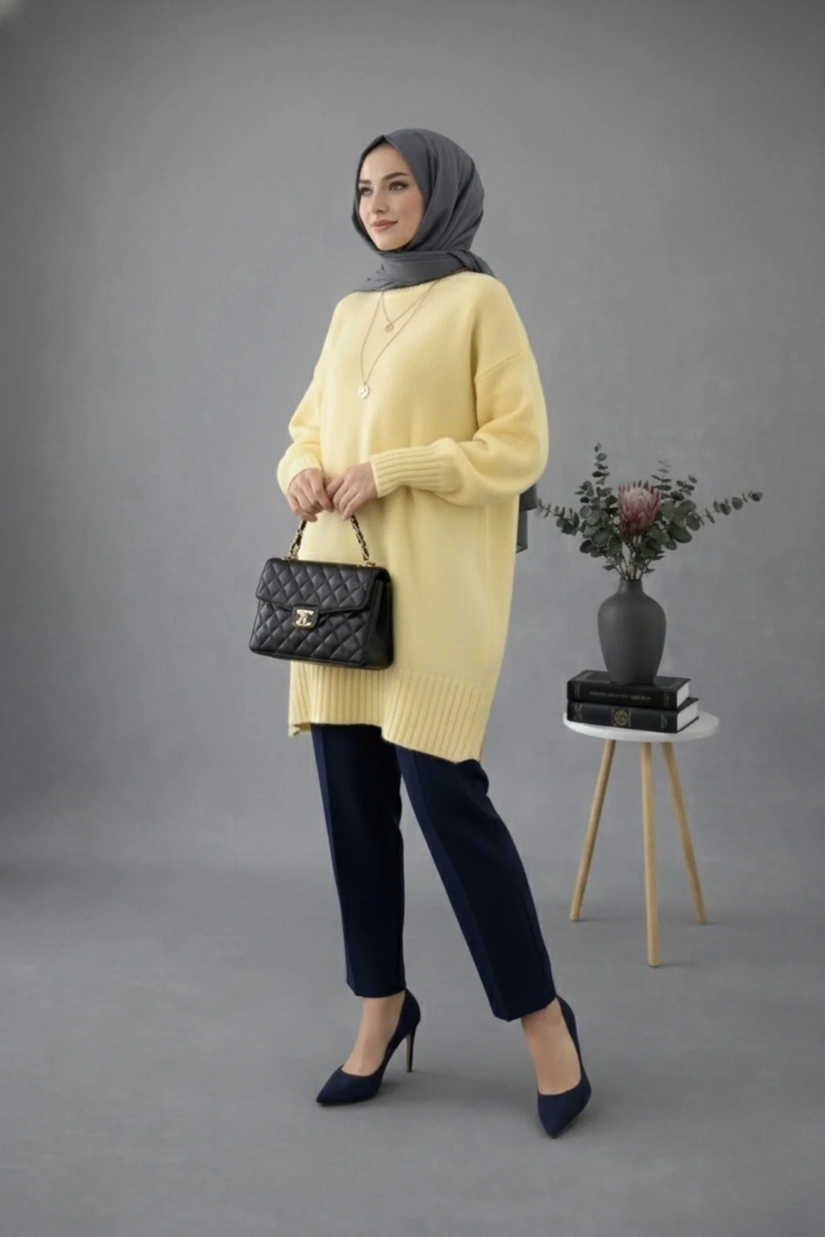 Kadın Sarı Bisiklet Yaka Balon Kollu Oversize Triko Tunik Kazak