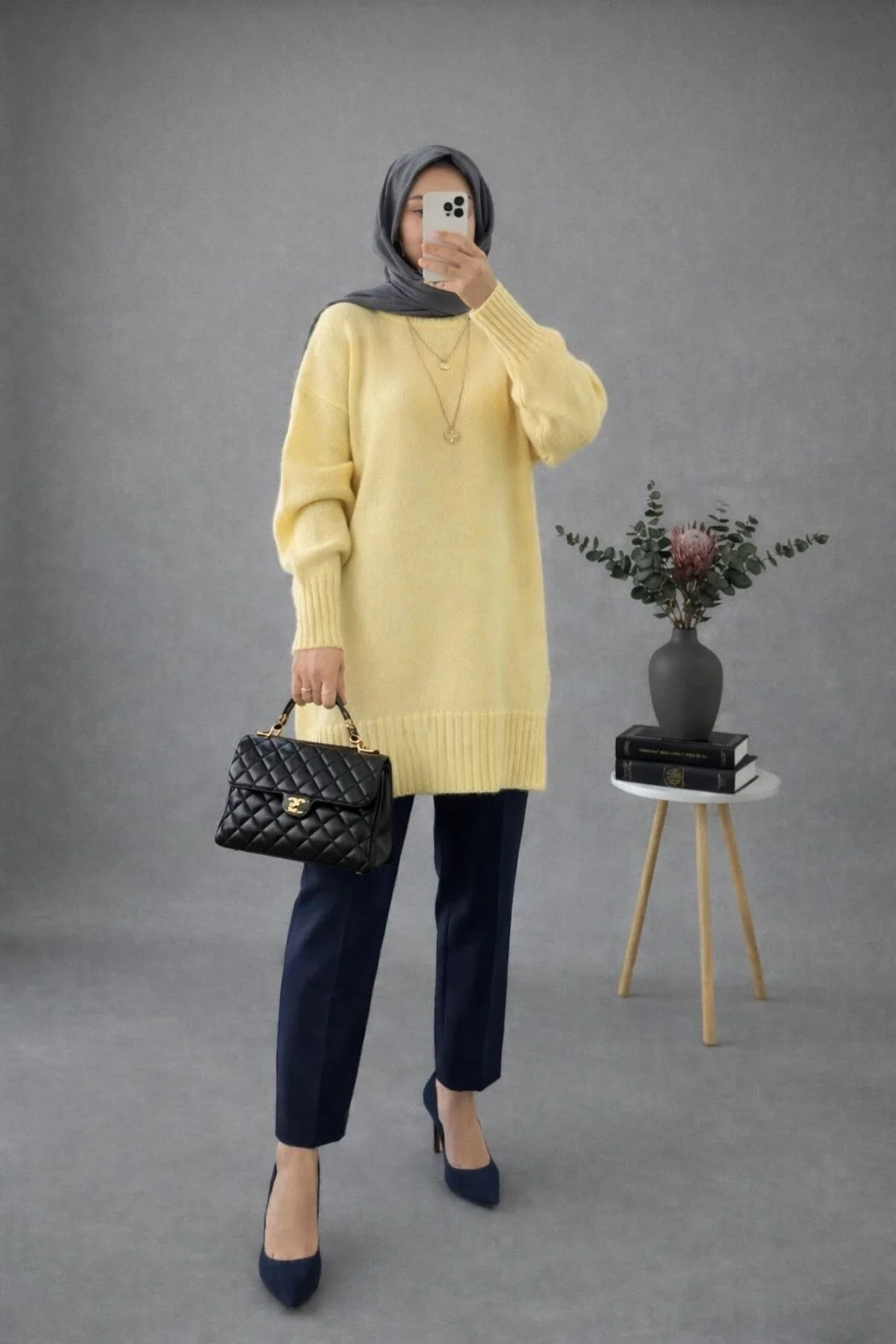 Kadın Sarı Bisiklet Yaka Balon Kollu Oversize Triko Tunik Kazak