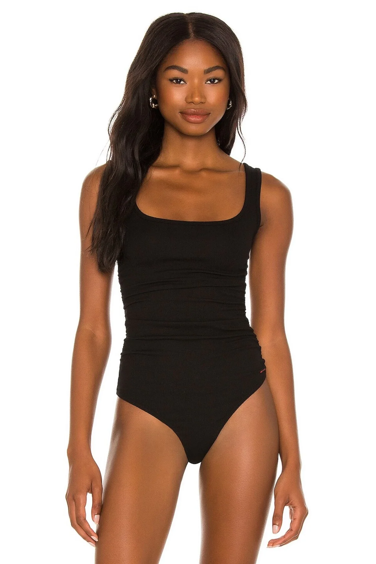 Kadın Siyah Kare Yaka Kolsuz Çift Katlı Sandy Kumaş Tanga Bodysuit