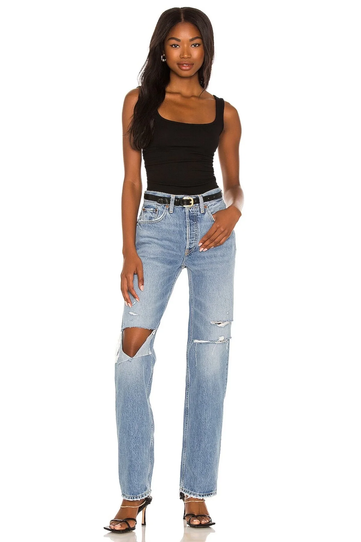 Kadın Siyah Kare Yaka Kolsuz Çift Katlı Sandy Kumaş Tanga Bodysuit