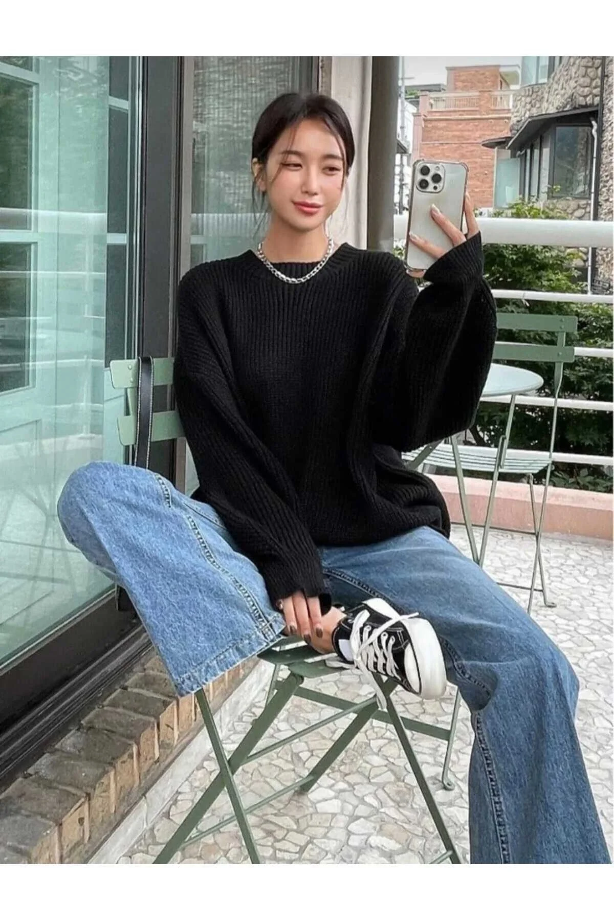 Kadın Siyah Selanik Örgü Bisiklet Yaka Oversize Salaş Triko Kazak