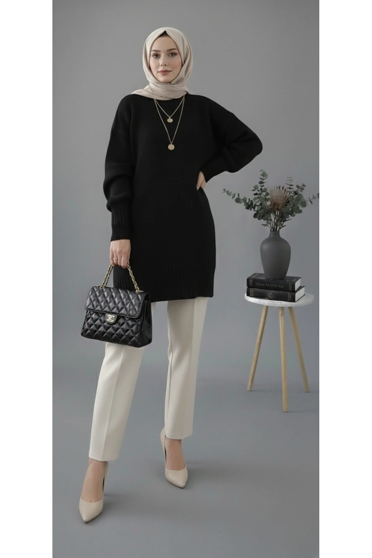 Kadın Siyah Bisiklet Yaka Balon Kollu Oversize Rahat Kalıp Triko Tunik Kazak