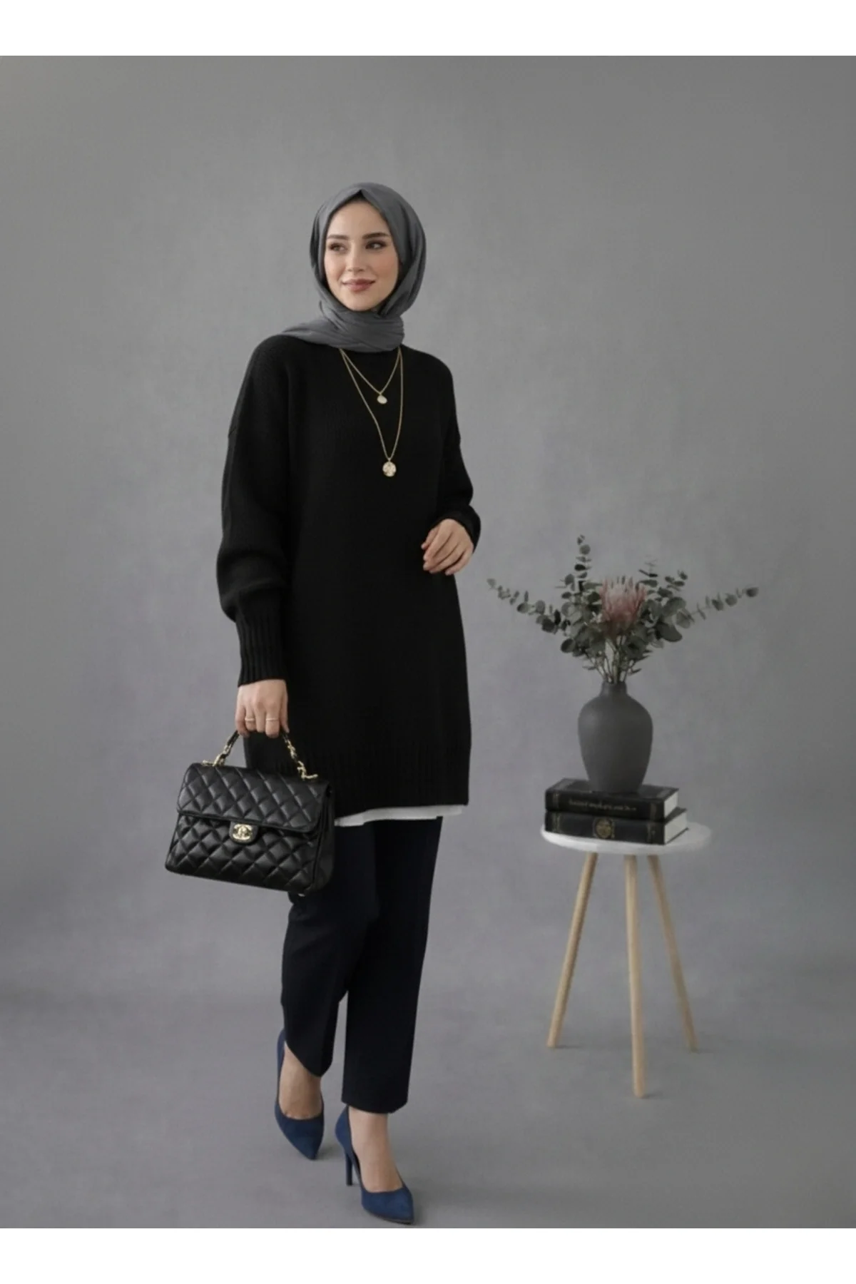 Kadın Siyah Bisiklet Yaka Balon Kollu Oversize Rahat Kalıp Triko Tunik Kazak